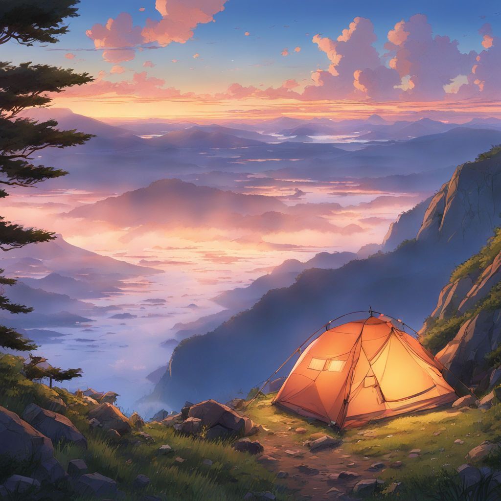 A digital painting of a tent on a mountain with a beautiful sunset - Camping, anime landscape
