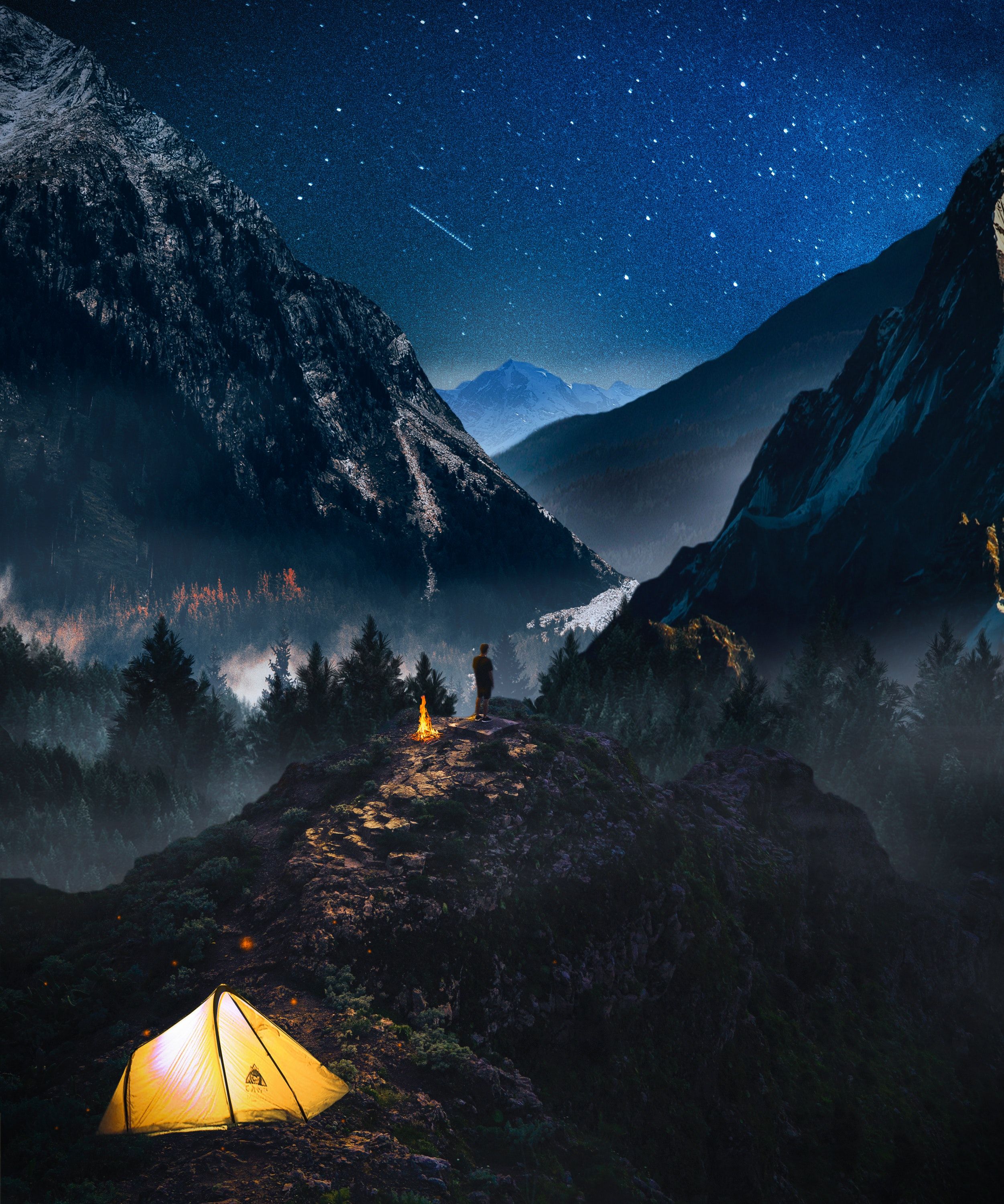 Mobile wallpaper: Camping, Starry Sky, Campsite, Loneliness, Photohop, Nature, Mountains, 111038 download the picture for free