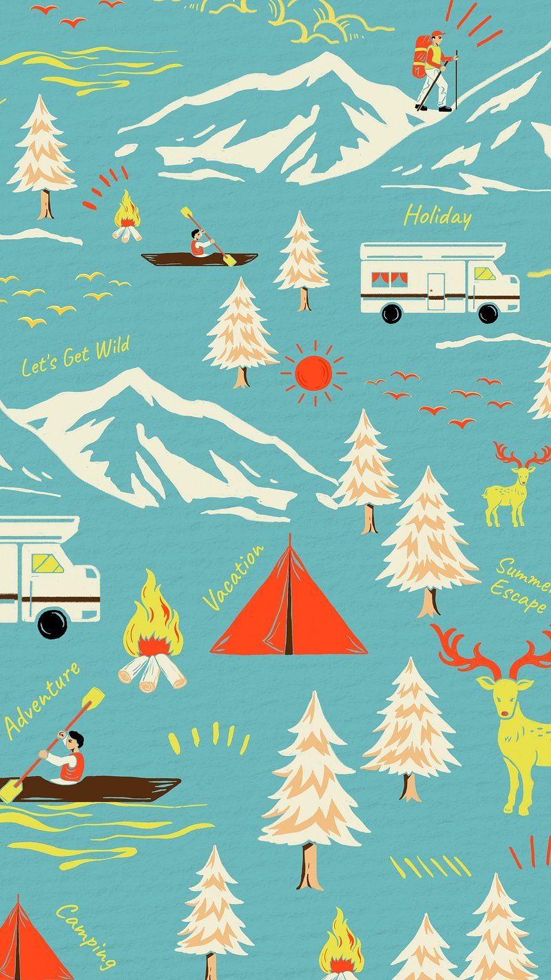 A pattern of camping scenes including mountains, trees, a tent, a canoe, and a camper. - Camping