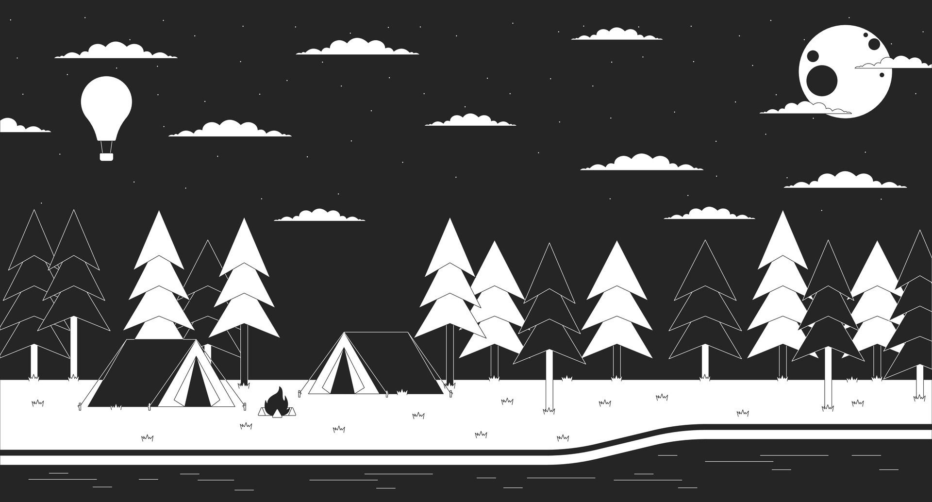 Campground nature at night outline 2D cartoon background. Full moon trees. Dark woods. River campsite linear aesthetic vector illustration. Camp nighttime flat wallpaper art, monochromatic lofi image