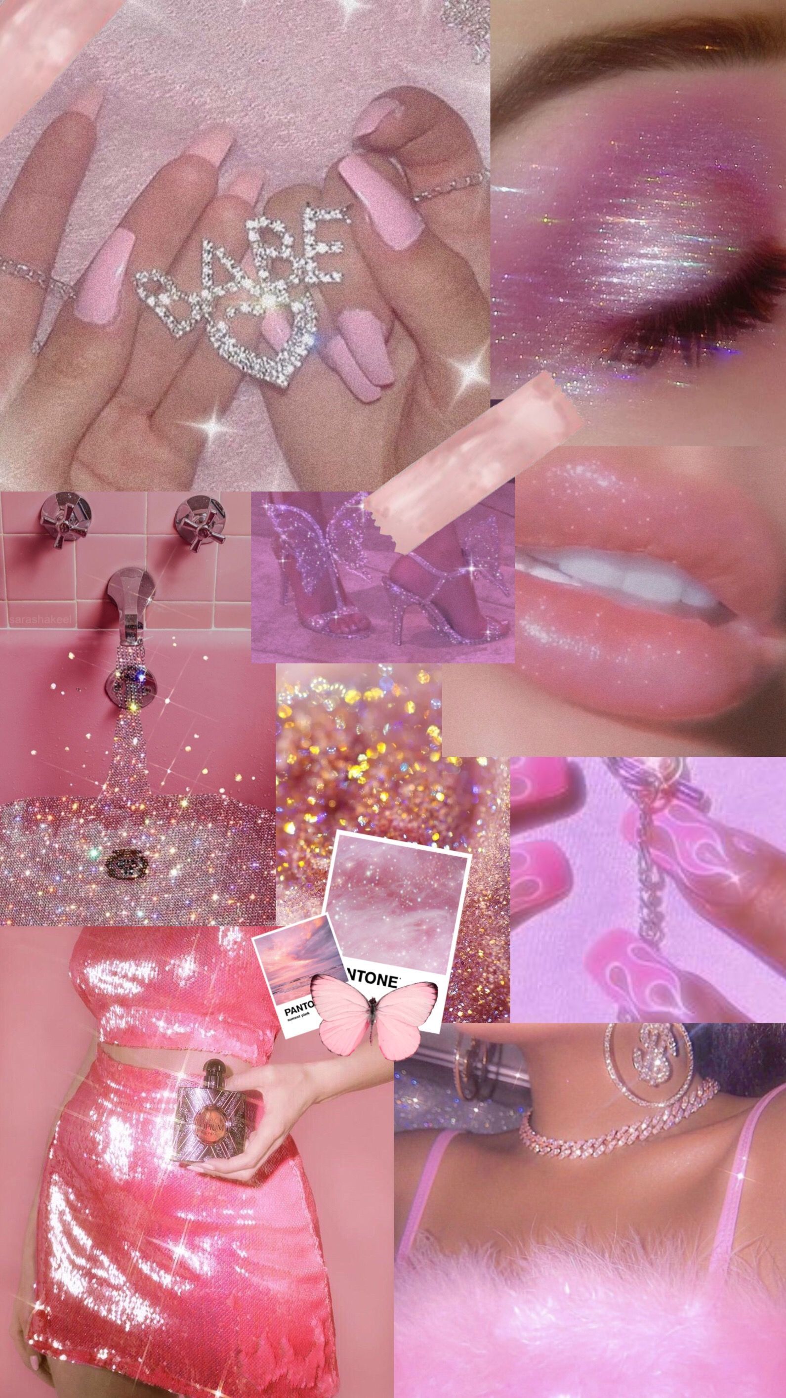 Aesthetic collage of pink makeup, nails, and accessories. - Nails