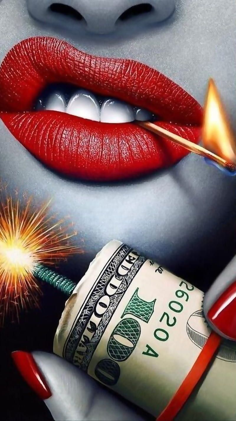 A poster of a woman's mouth holding a lit match over a roll of 20 dollar bills. - Nails, lips, money