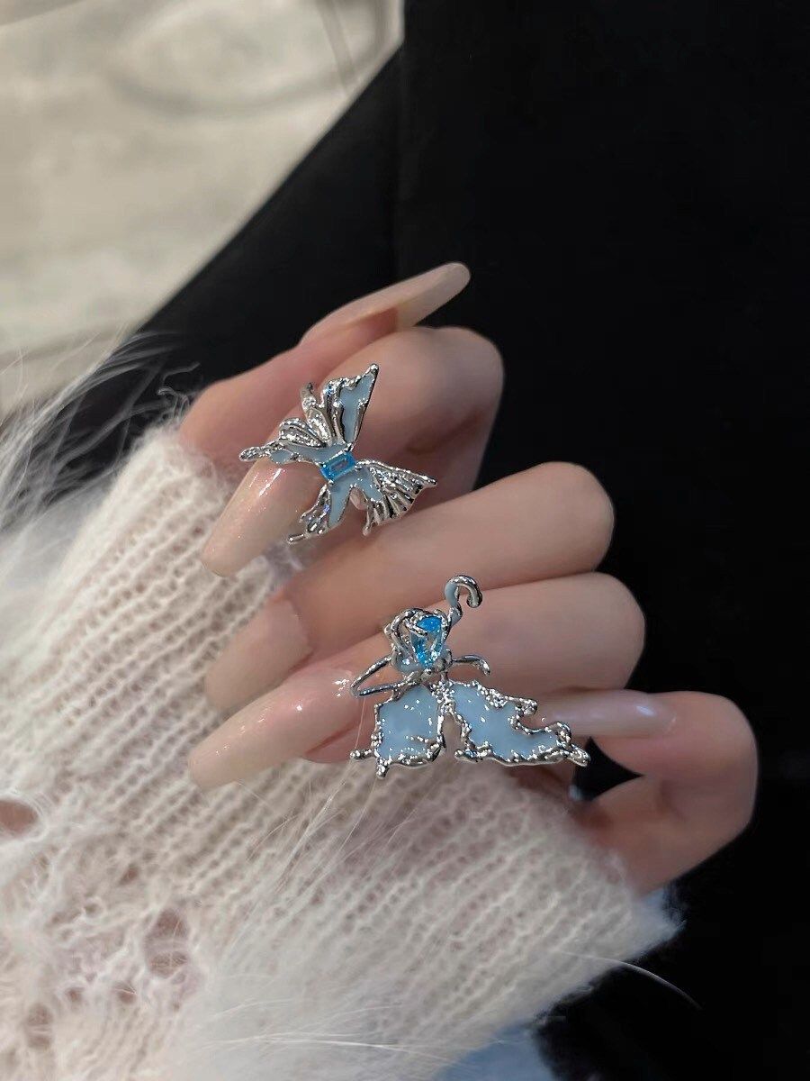 2pc Sky Blue Butterfly Adjustable Ring Set Fashion