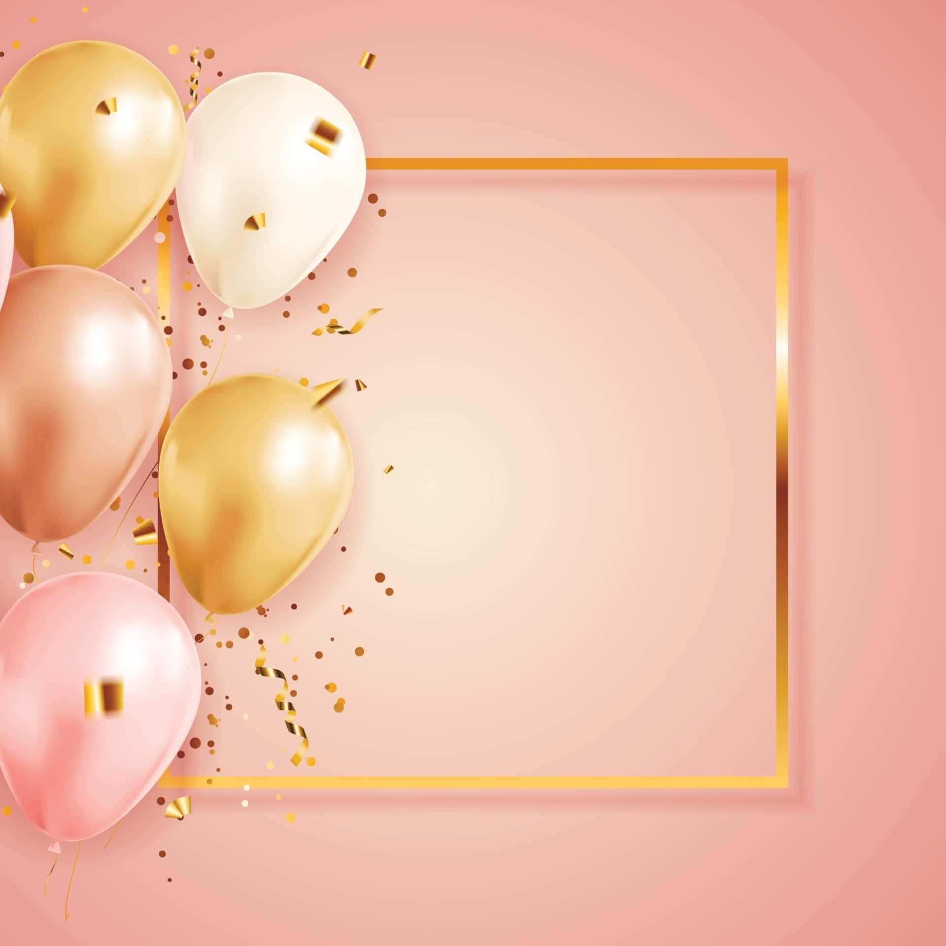 A pink background with a gold square frame and pink and gold balloons - Balloons