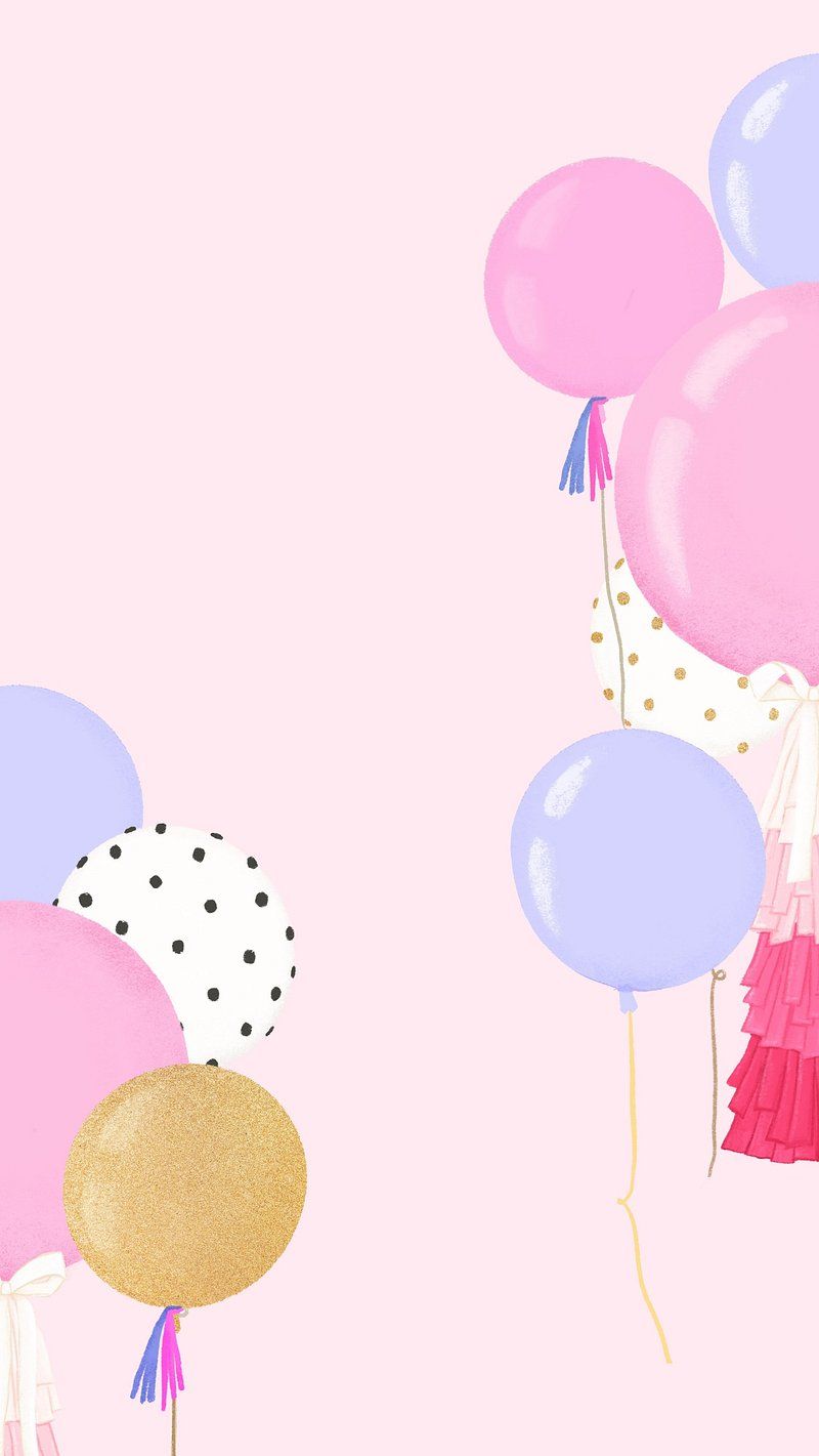 A pink background with balloons and confetti - Balloons