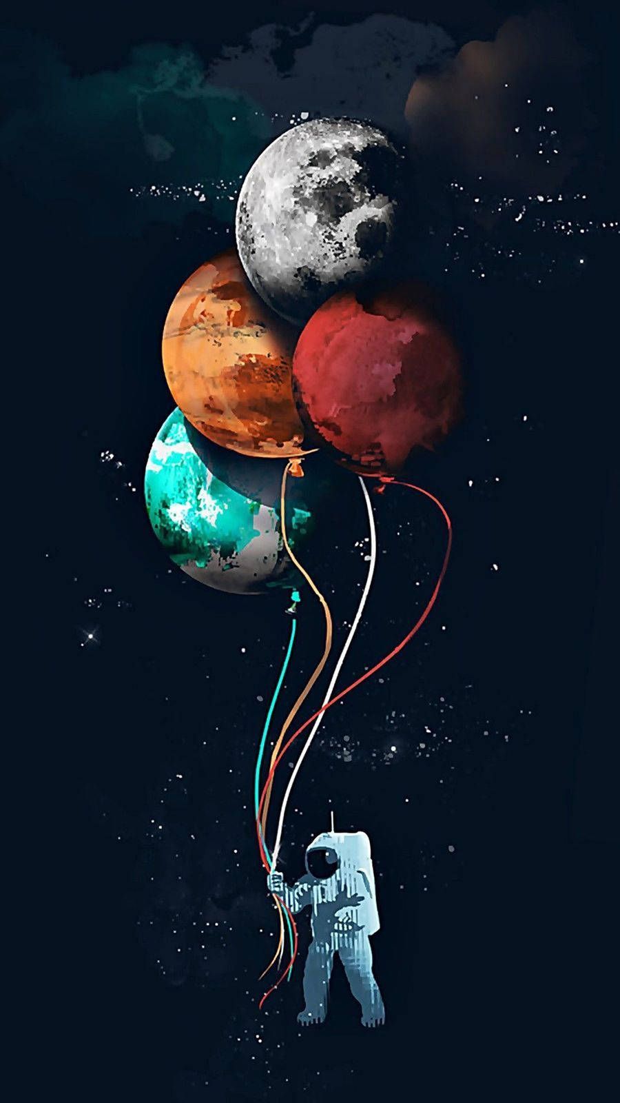 IPhone wallpaper of an astronaut holding balloons that look like planets - Balloons