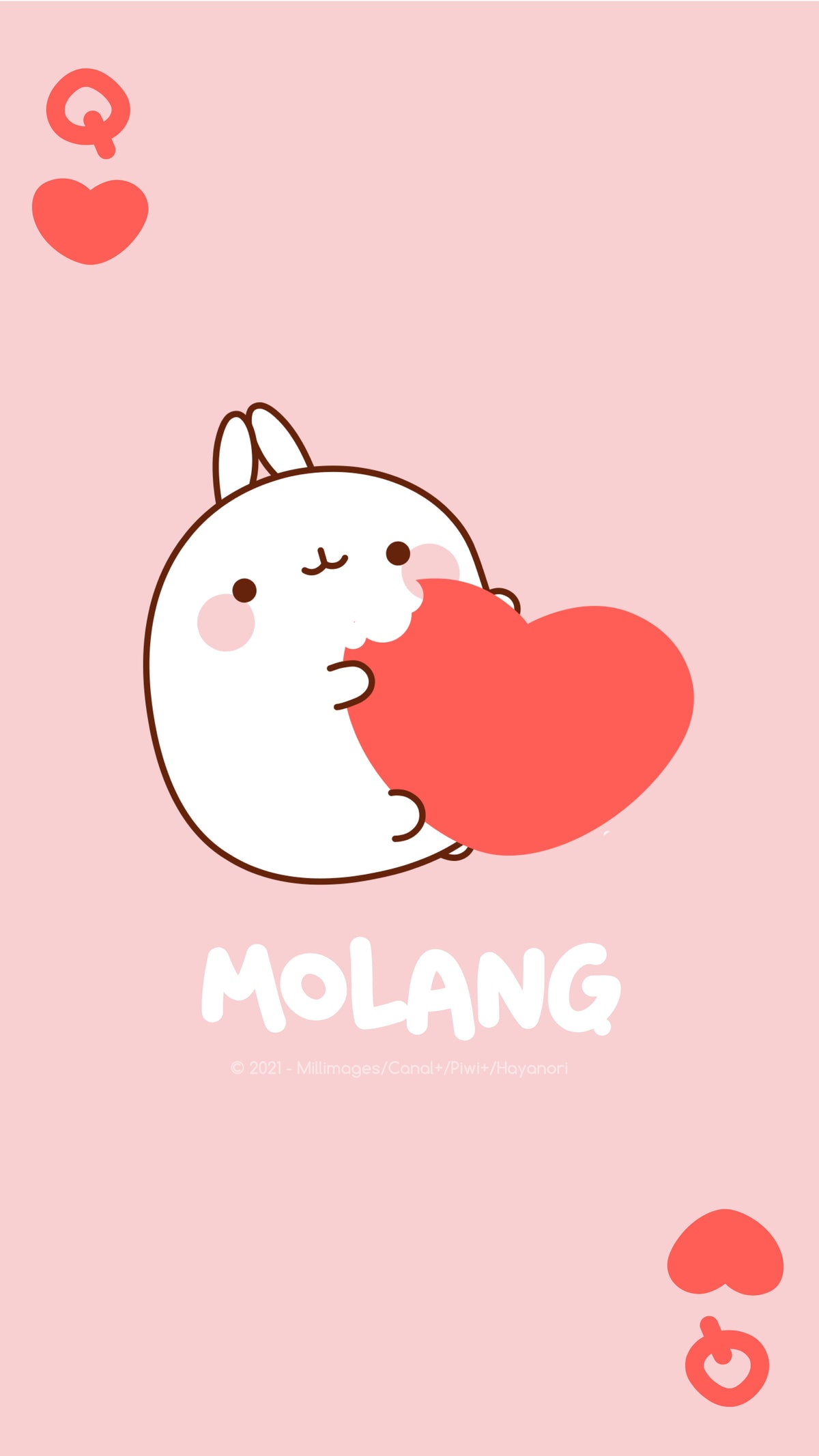 A cute Molang rabbit hugging a heart on a pink background - Molang