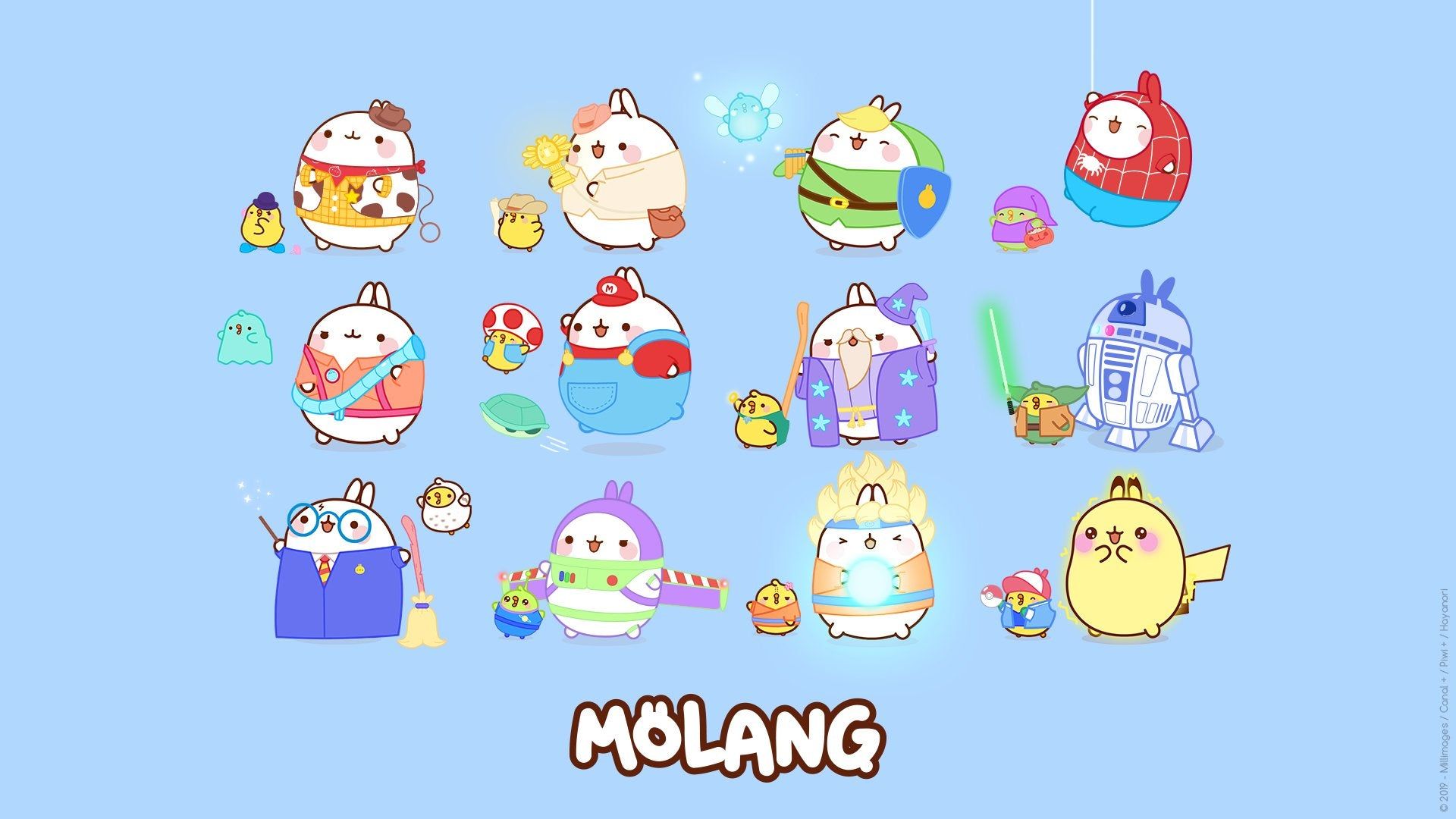 A cute collection of Molang characters in various outfits. - Molang