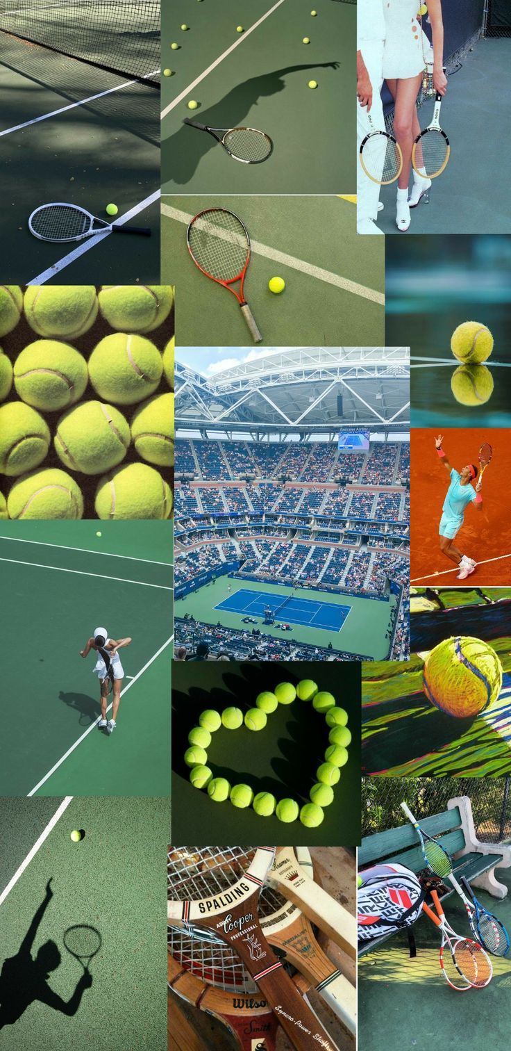 A collage of tennis players and their equipment - Tennis
