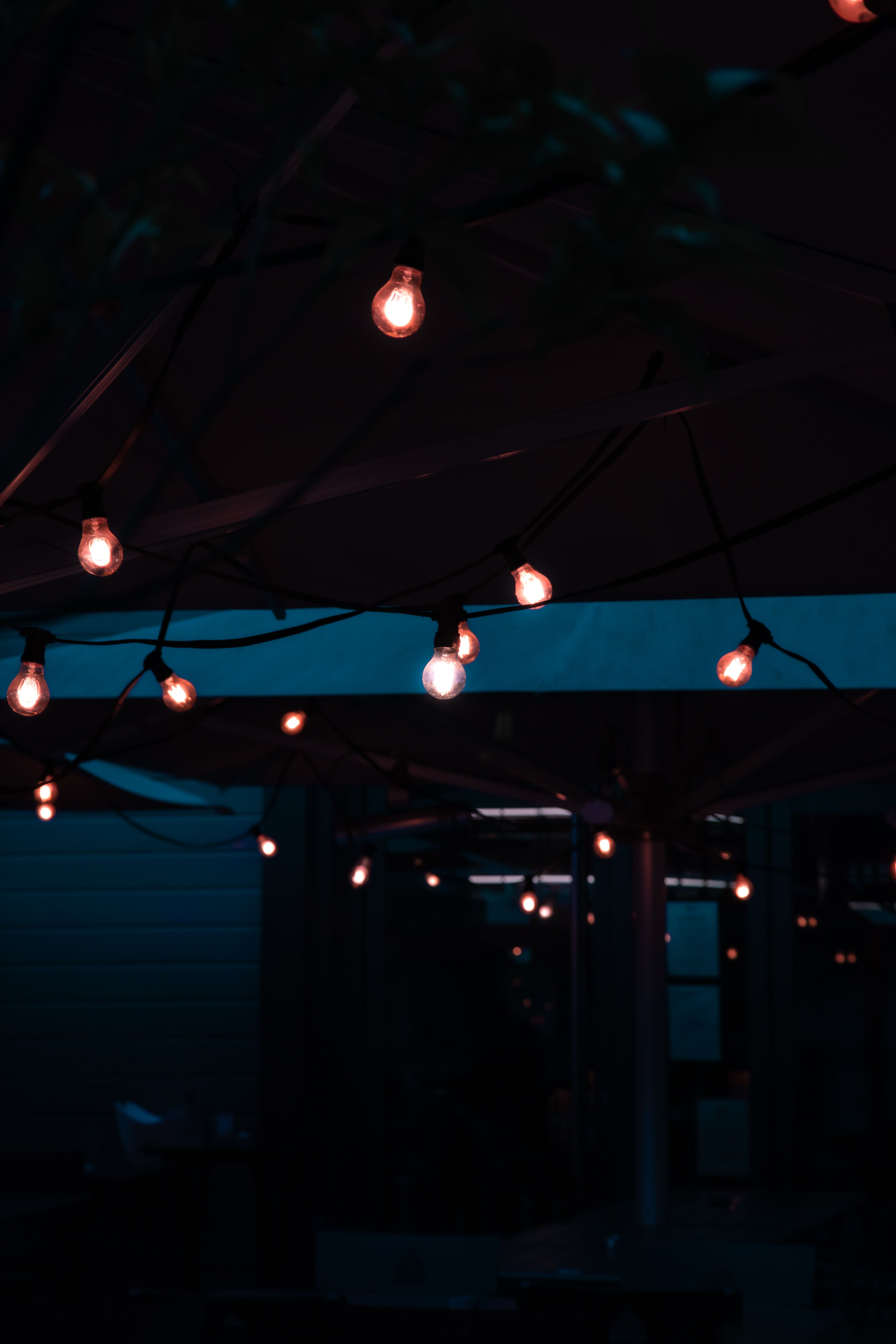 A string of lightbulbs hanging from a ceiling. - Fairy lights