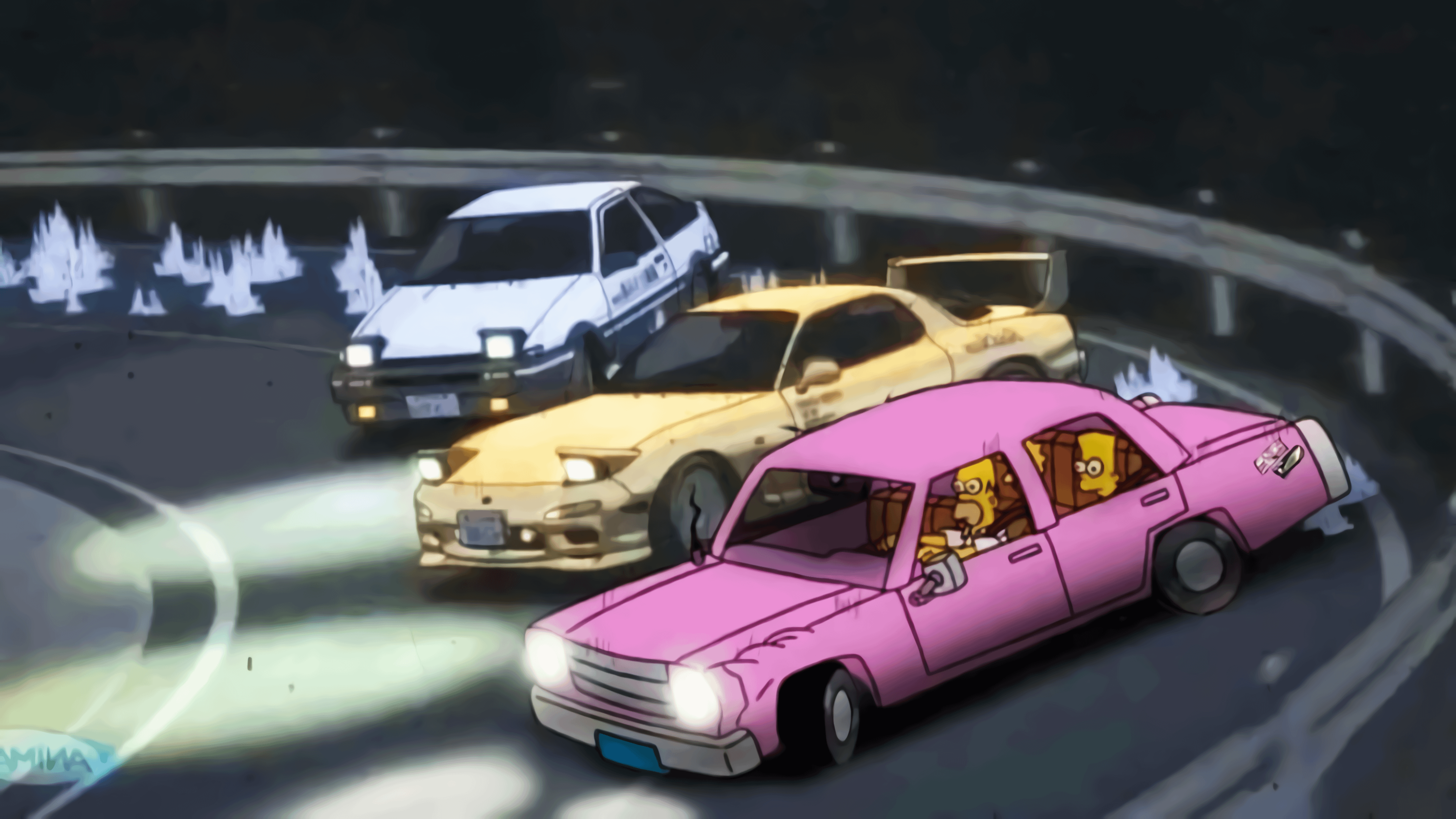 An anime still of three cars racing on a highway at night. - Homer Simpson