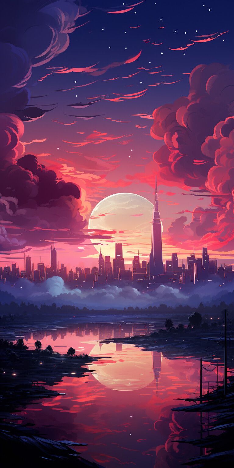 Skyline Odyssey: A Digital Painting of a City and Cloud Background for Mobile Gaming 8