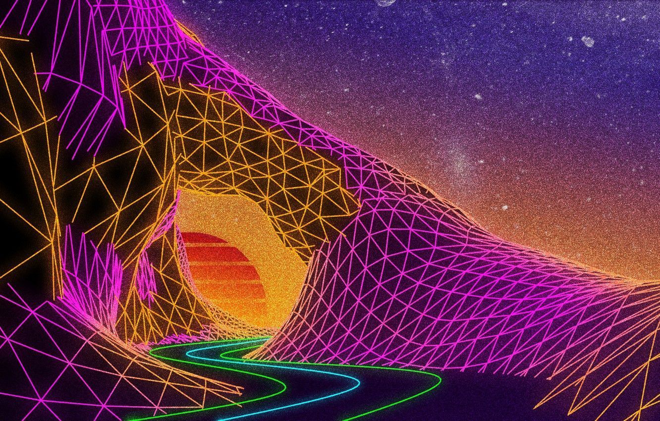 A digital artwork of a neon mountain landscape with a setting sun in the background - VHS, music