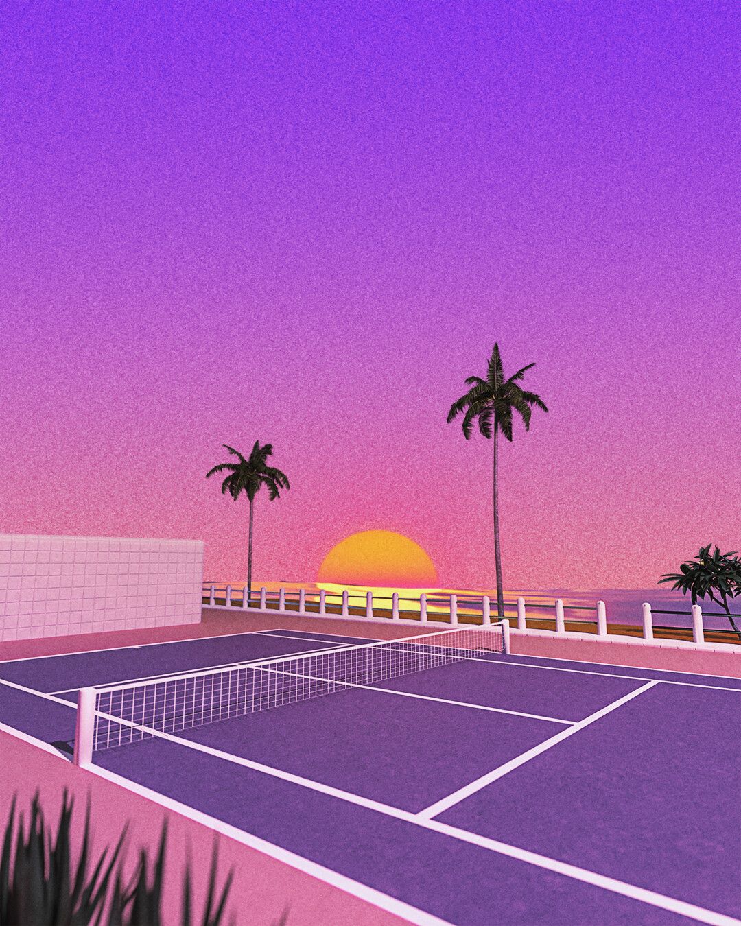 An illustration of a tennis court with a sunset in the background - Tennis