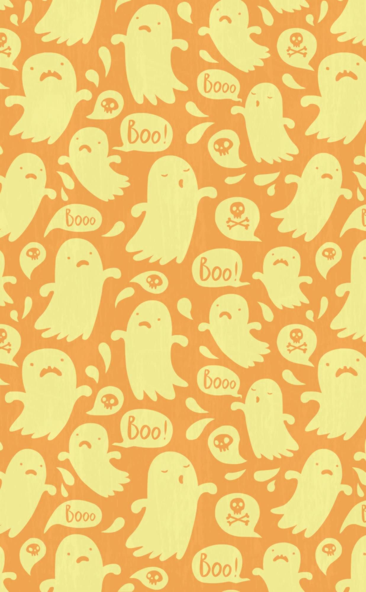 : a pattern of ghostly faces on an orange background - Ghost