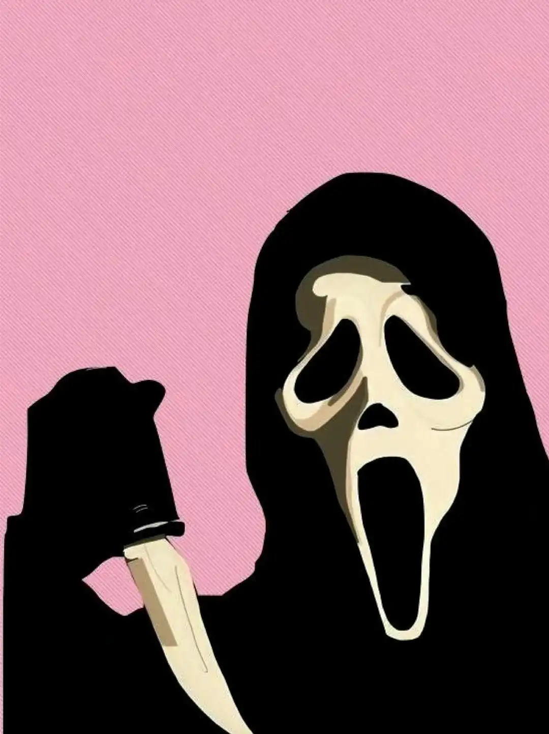 A scream mask holding a knife in front of a pink background - Ghostface