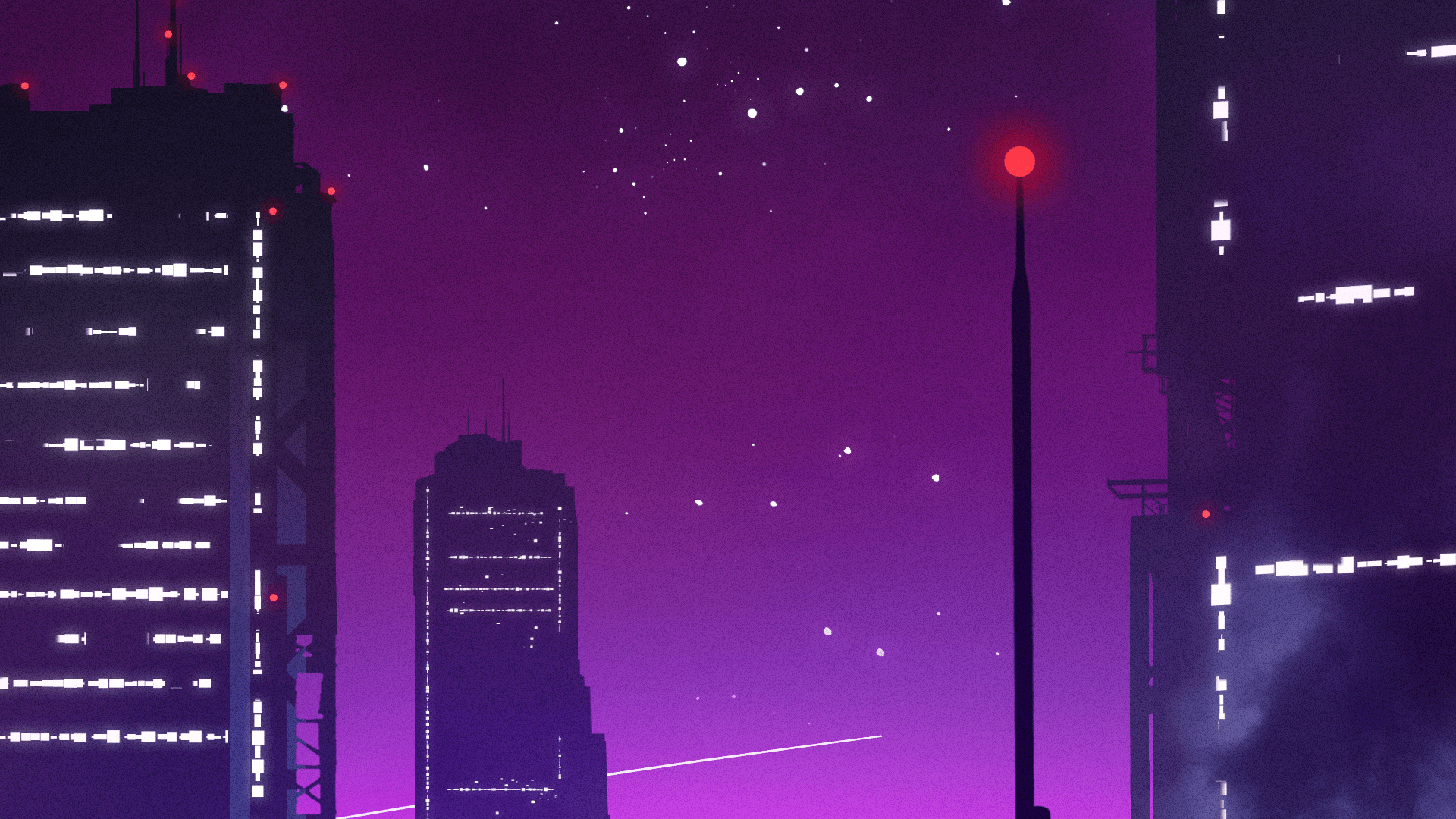A city skyline at night with a red sun in the sky - VHS