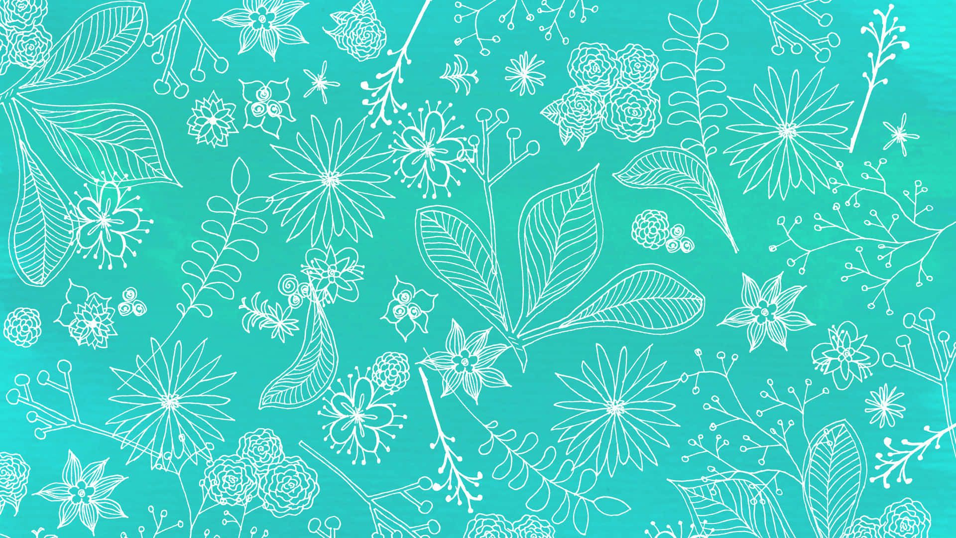 Download A White And Green Floral Pattern On A Turquoise Background Wallpaper