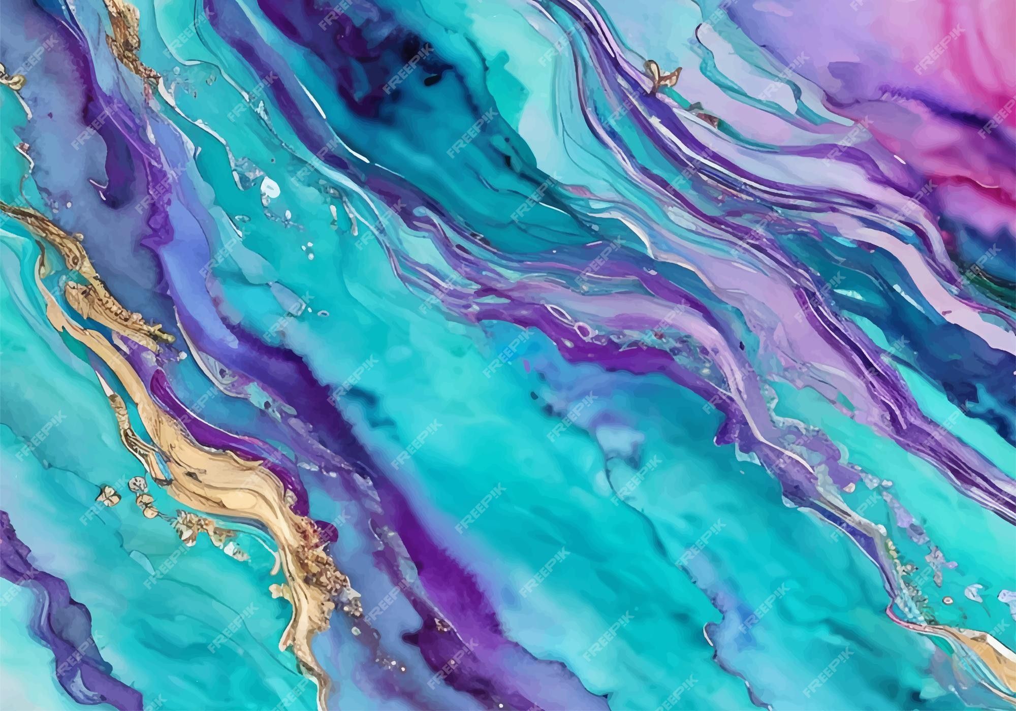 Premium Vector. Vector purple turquoise white gold liquid marble painting watercolor background