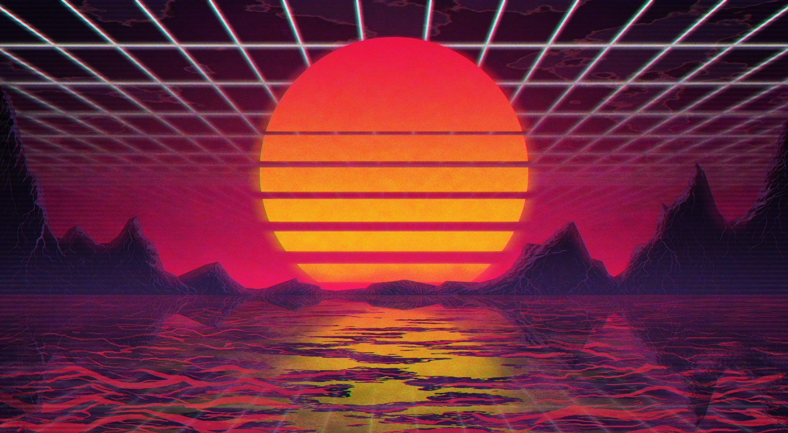 The sun is setting over a lake with mountains in it - VHS