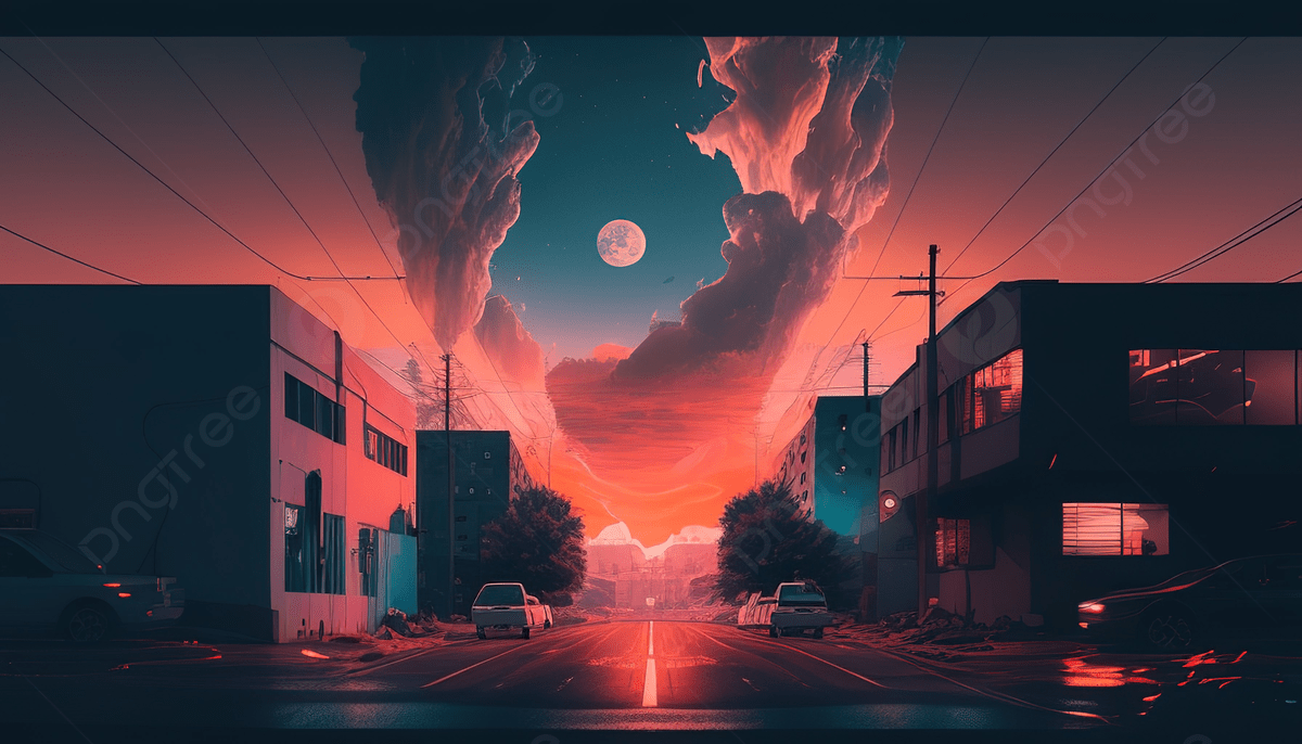 A street with a red sky, full moon, and a cloud that looks like a portal to another world. - Lo fi