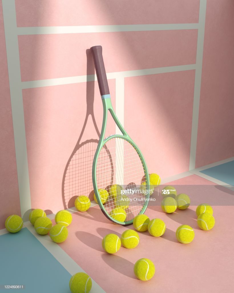 Tennis racket and tennis balls on a tennis court : - Tennis