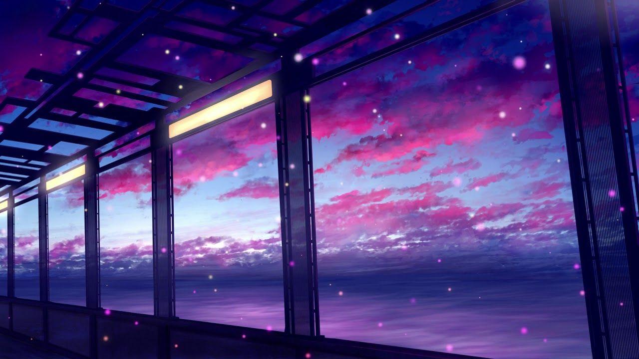 Aesthetic anime background wallpaper of a purple sky with pink clouds - Lo fi