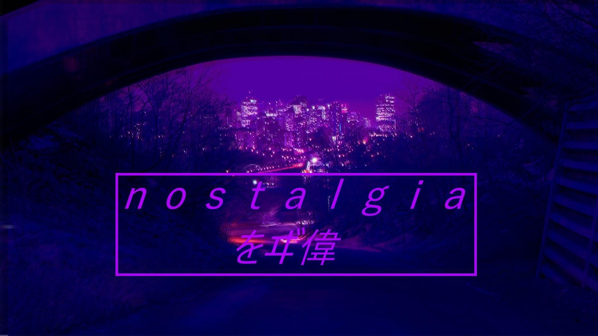 Aesthetic Vaporwave Wallpaper For Desktop With Purple And Blue Color Scheme And The Word Nostalgia In The Middle - Lo fi