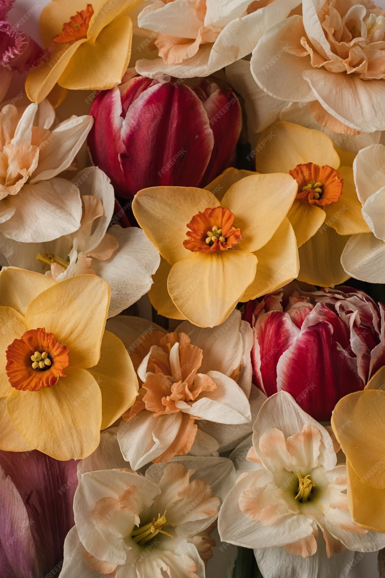 Premium Photo. Abstract floral aesthetic background colourful narcissus and tulip flowers background beautiful flowers and petals artistic botany
