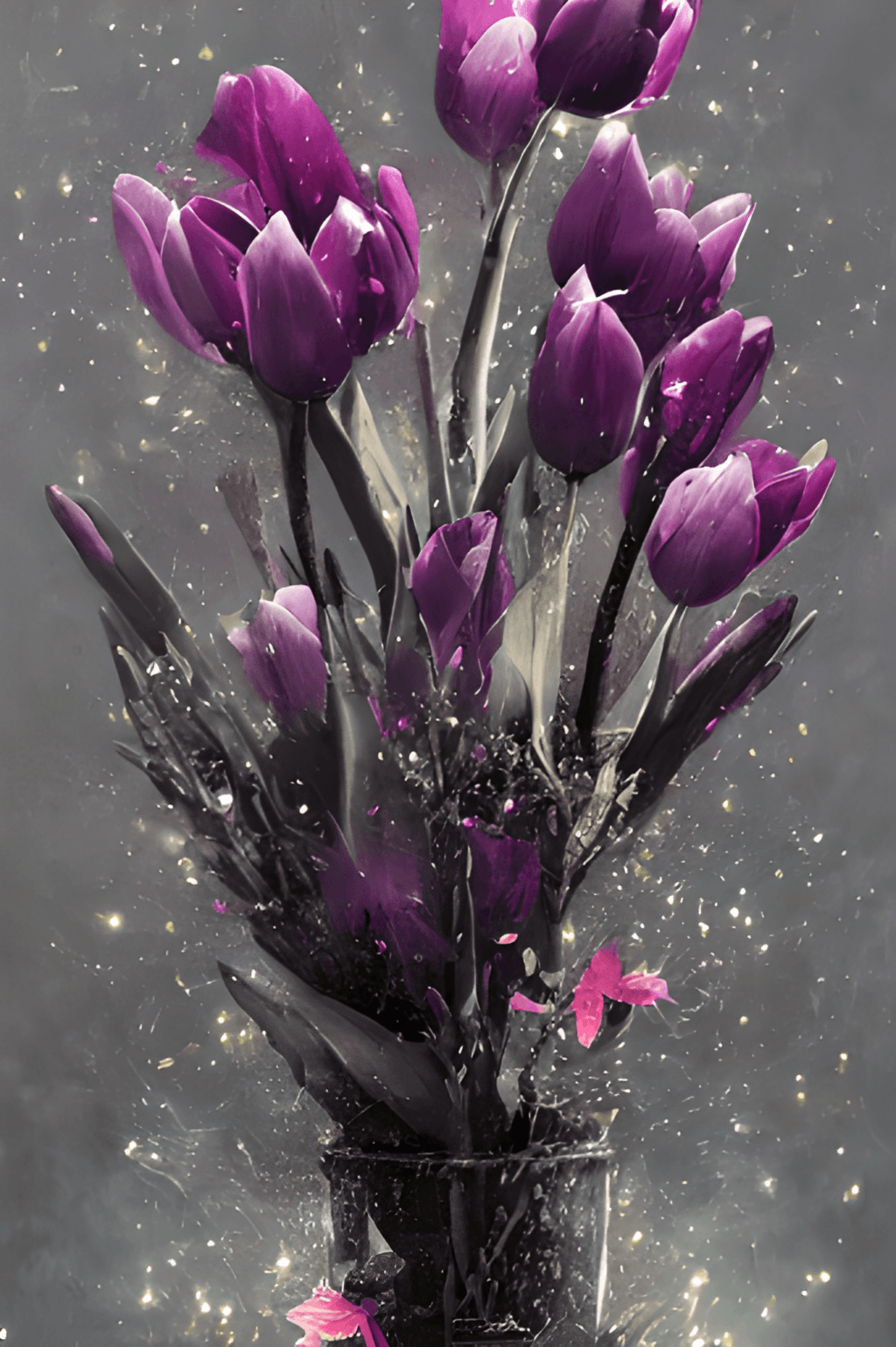 A vase of purple tulips on a table, with some petals scattered around. - Tulip