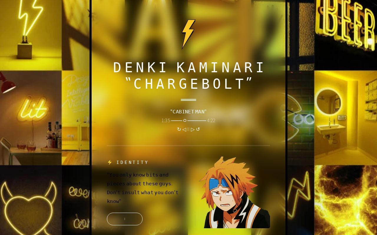 A website for Denki Kaminari from My Hero Academia. The background is a collage of neon signs. - Denki Kaminari