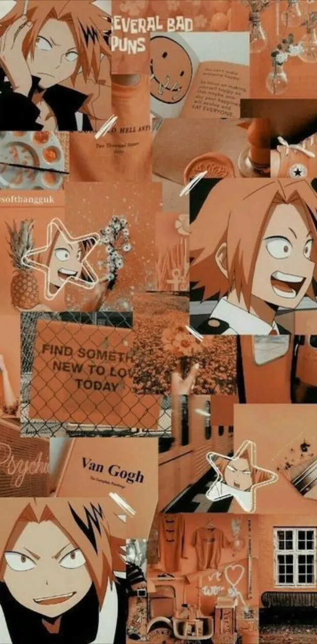 Aesthetic background with orange and brown pictures of anime characters and scenes - Denki Kaminari