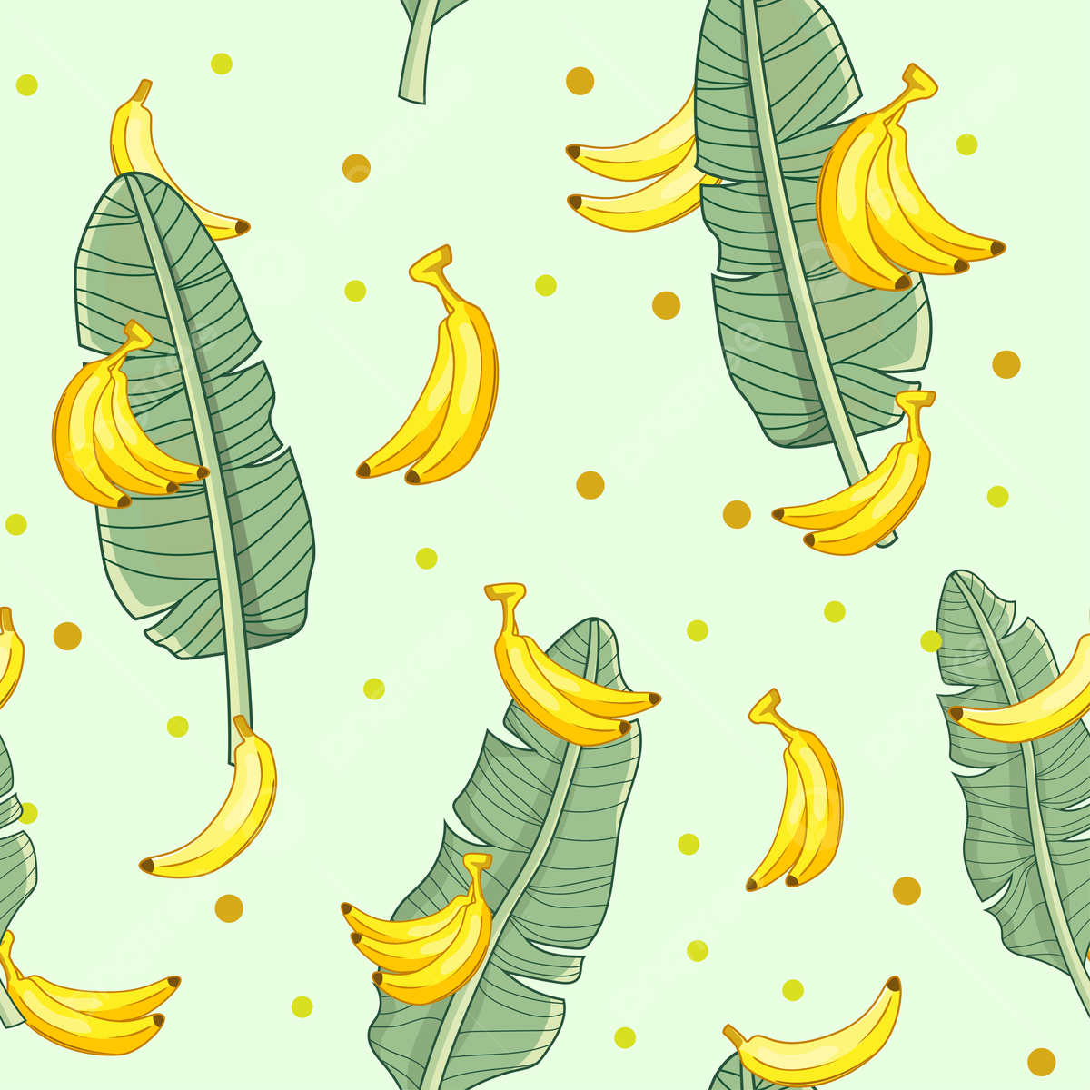 A pattern of bananas and leaves on green background - Banana