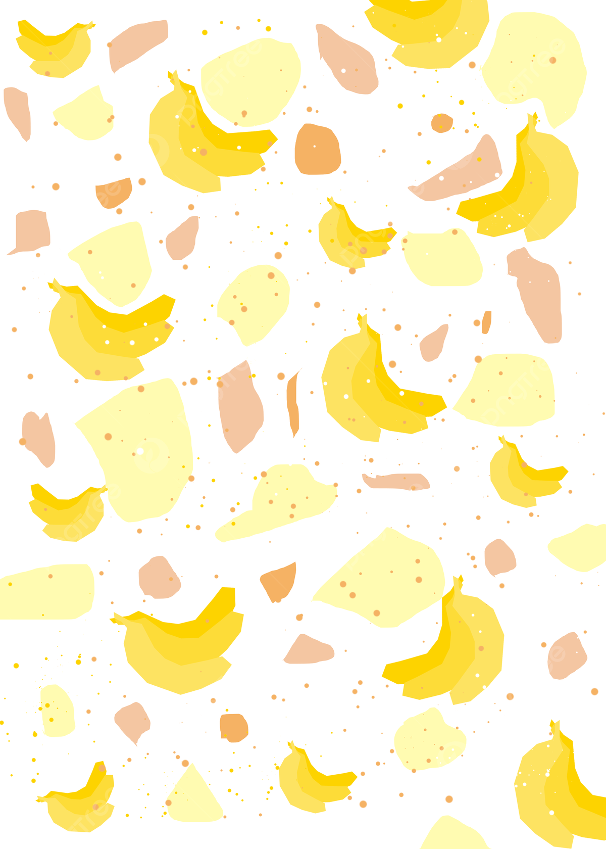 An illustrated pattern of yellow bananas and pink and peach geometric shapes on a white background. - Banana