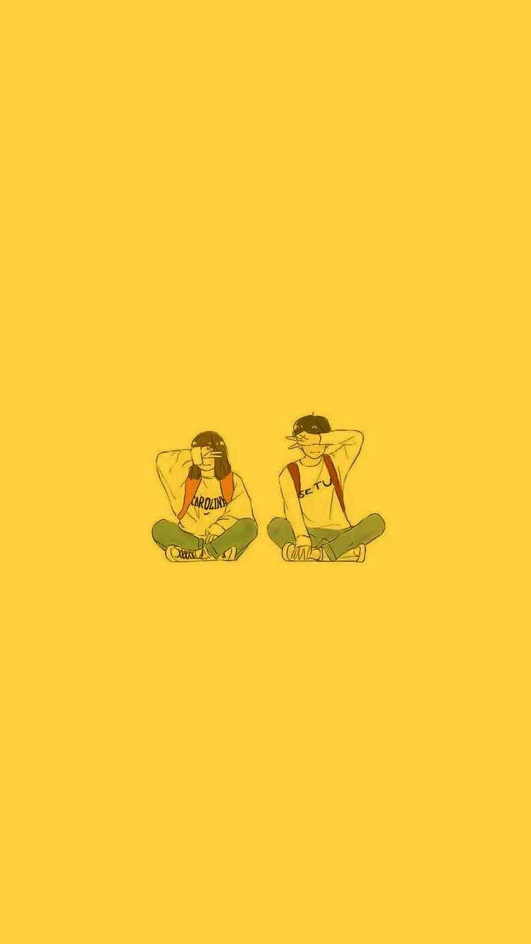 Two people sitting on a yellow background - Banana