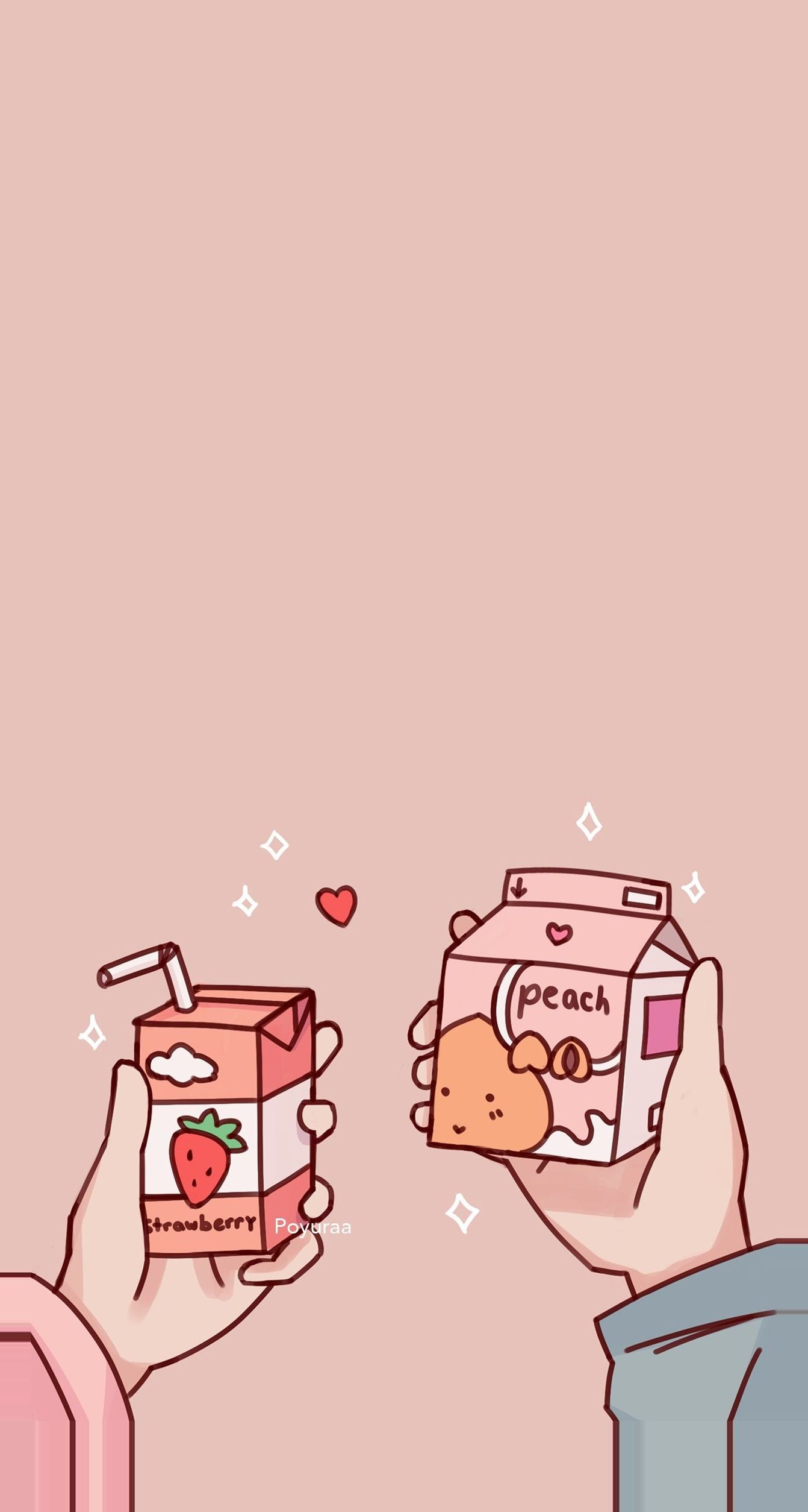 Aesthetic background of two hands holding strawberry and peach milk cartons - Milk, boba, strawberry, kawaii