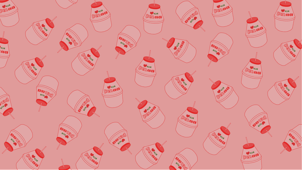 A repeated pattern of a pink smoothie with a red lid and a red straw on a pink background - Milk