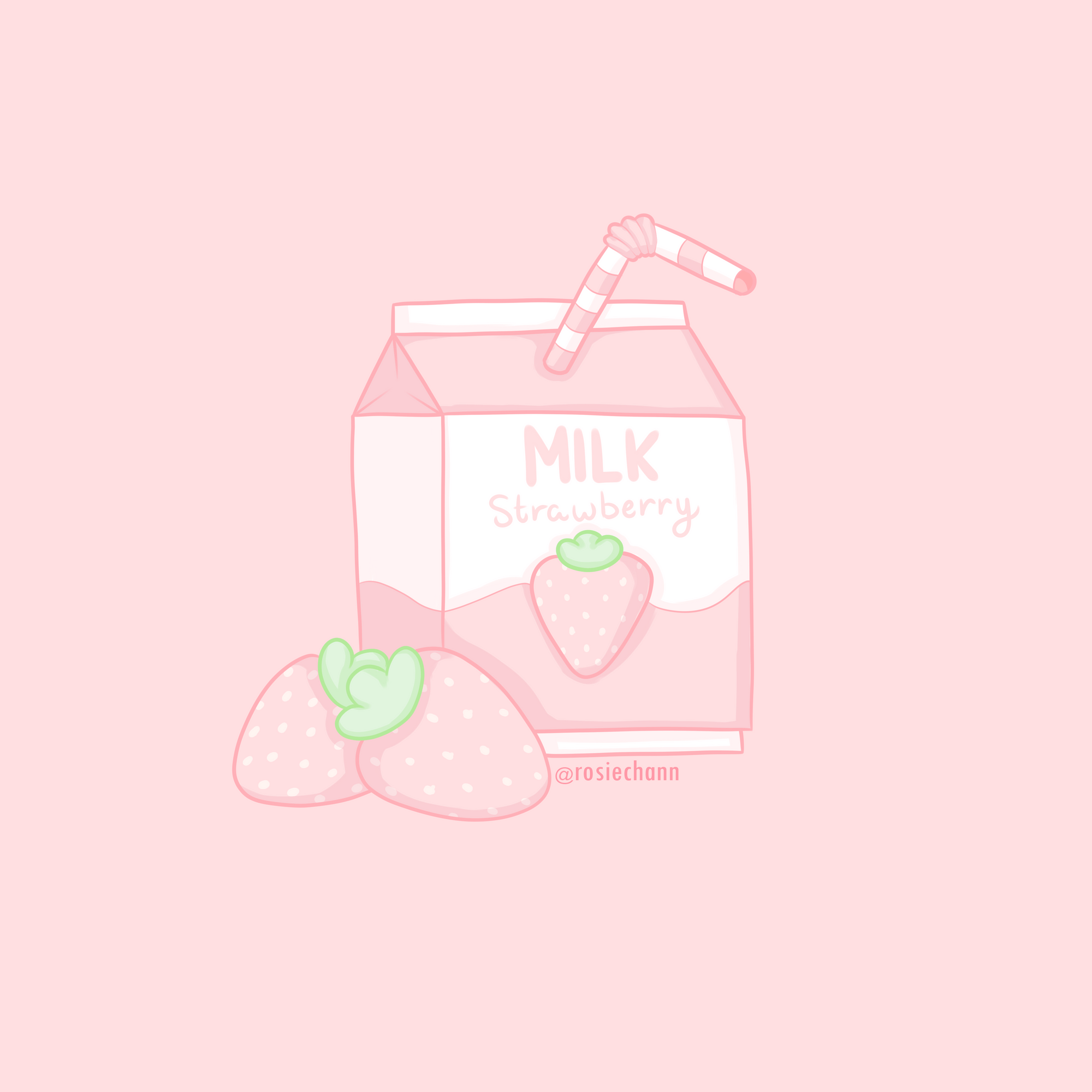 A pink strawberry milk carton with a green heart on the bottom left of the carton. - Milk