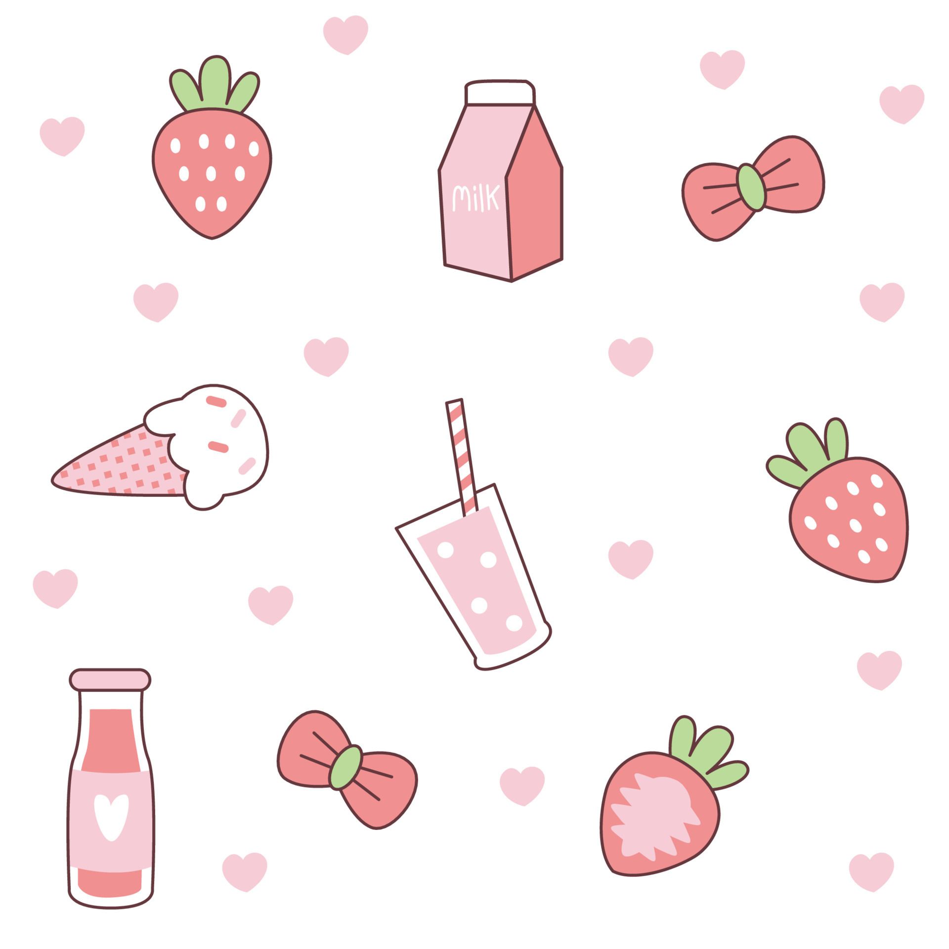 strawberry, milk, ice cream, ribbon cartoons pattern design. white background. The seamless cute pattern in a girl or baby fashion, Fresh colorful strawberry fruit in summer.Vector design for fashion. Vector Art