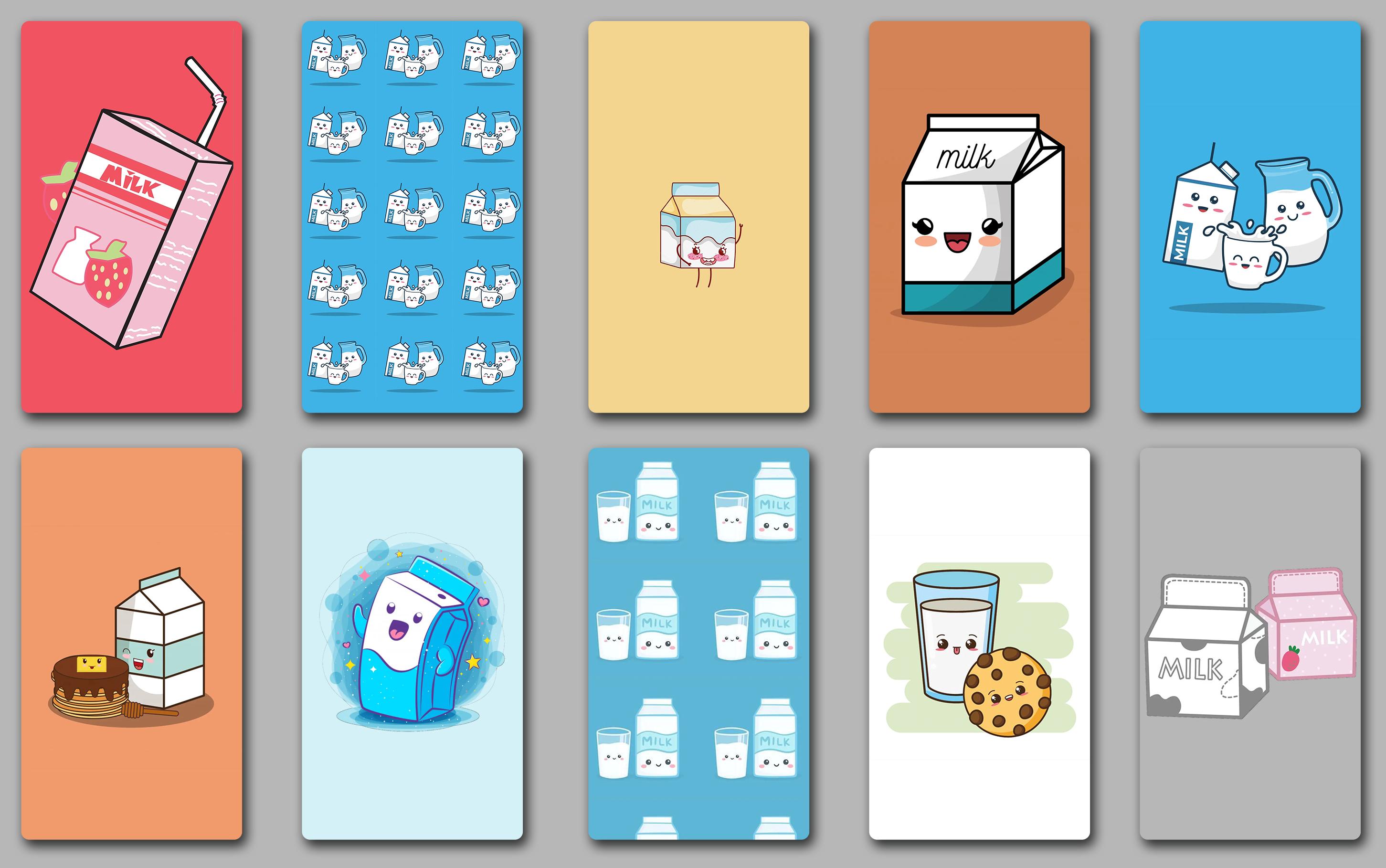 A selection of 10 different milk designs on cards. - Milk
