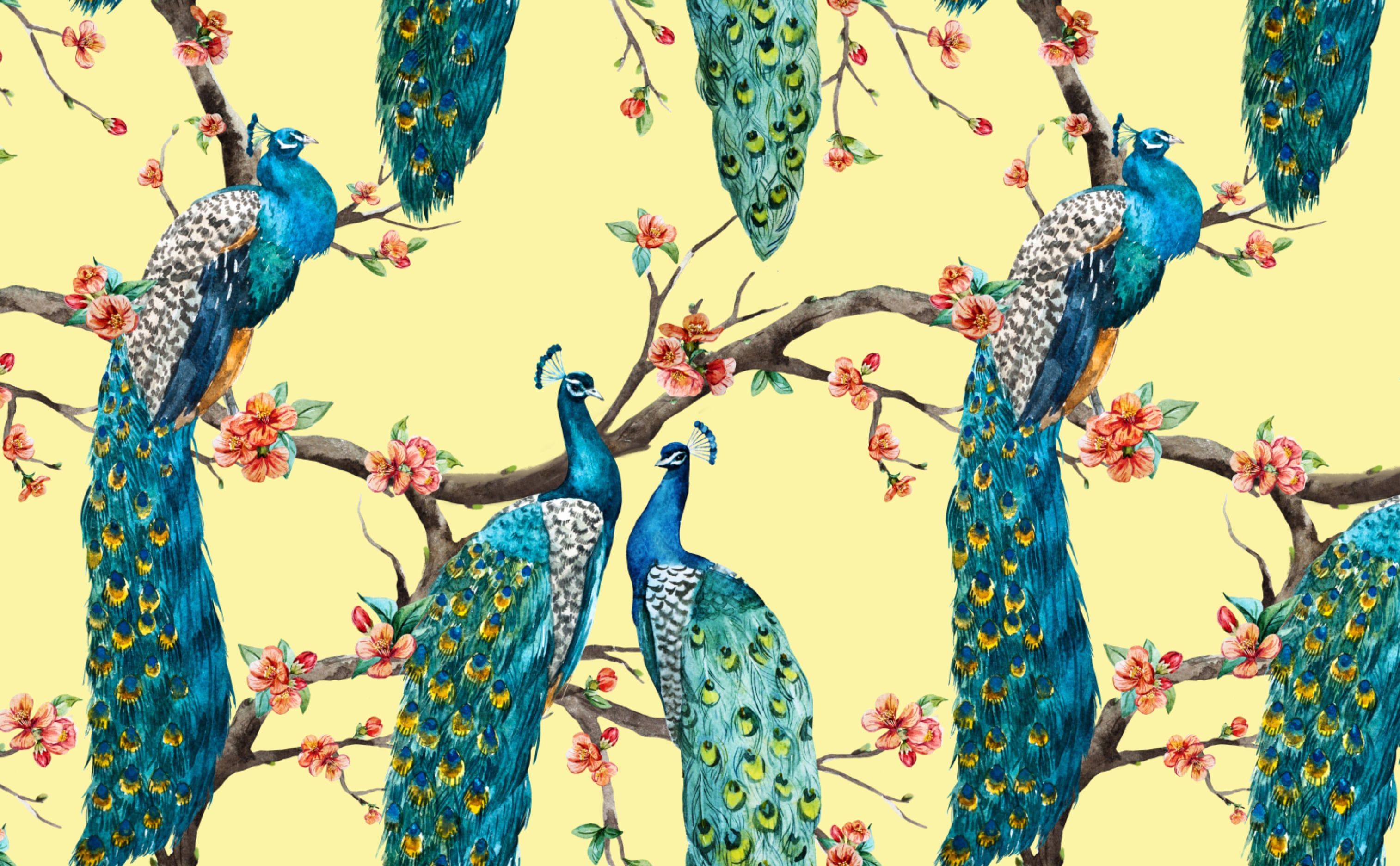 Peacocks & Flowers Wallpaper for Walls. Victorian Peacocks on Yellow