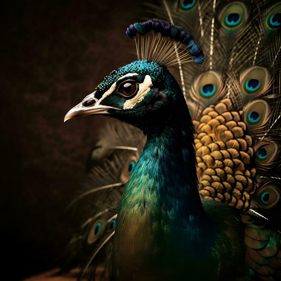 Beautiful peacock with colorful feathers on a dark background. Vintage style