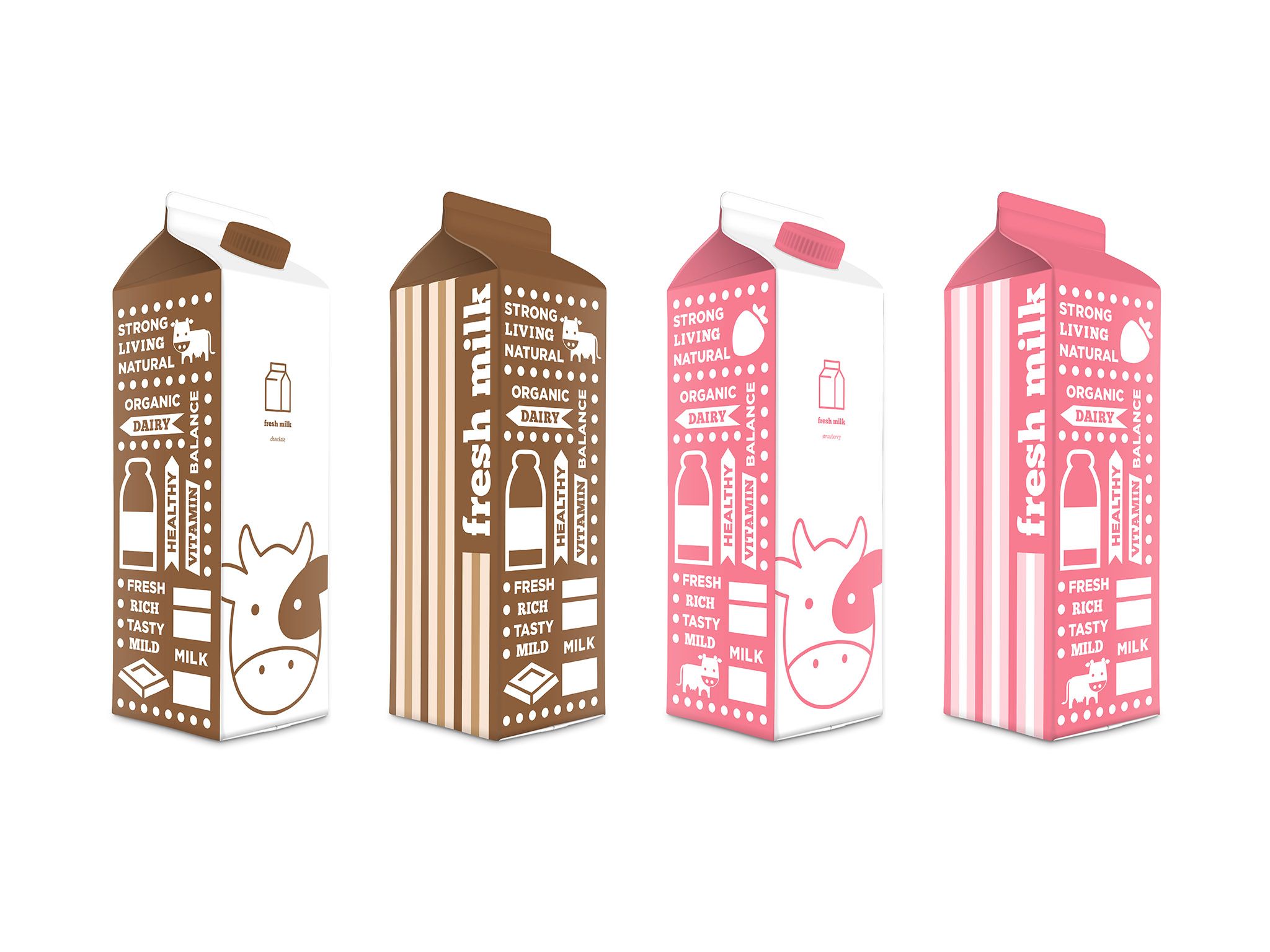 Four milk cartons with different designs on the front - Milk