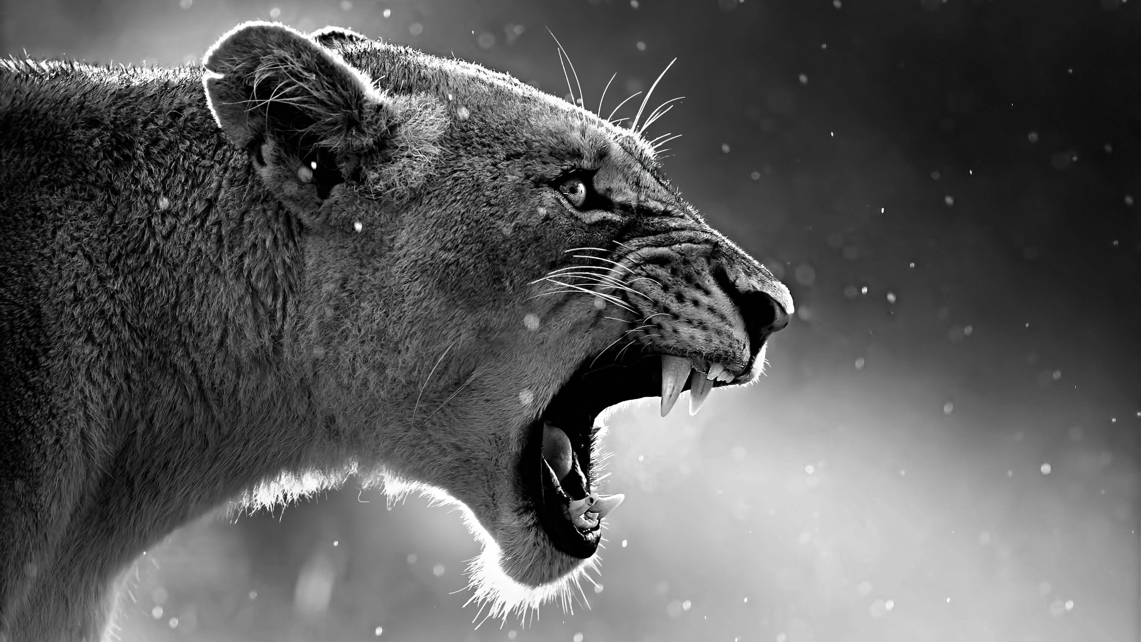 A lioness snarls in the snow - Lion