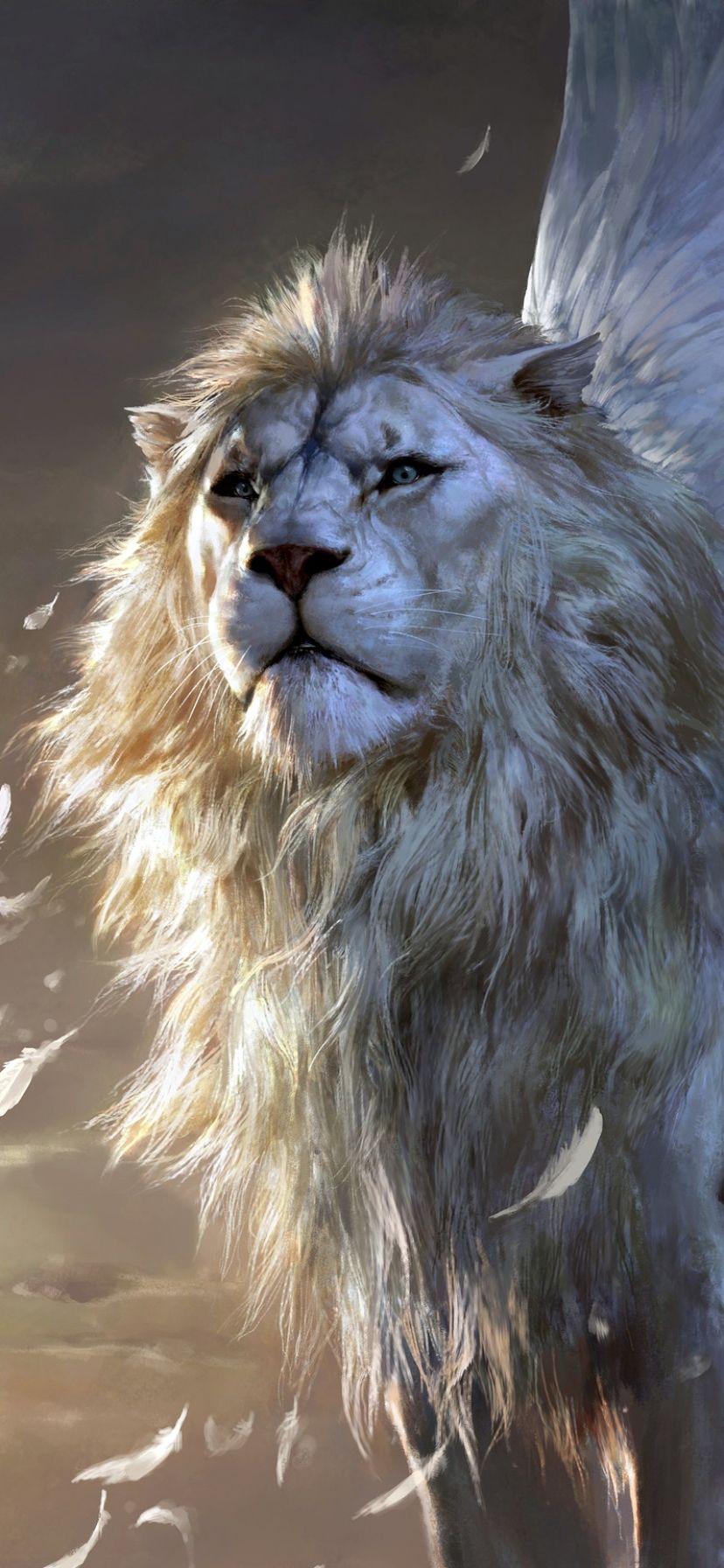 A white lion with wings and feathers - Lion
