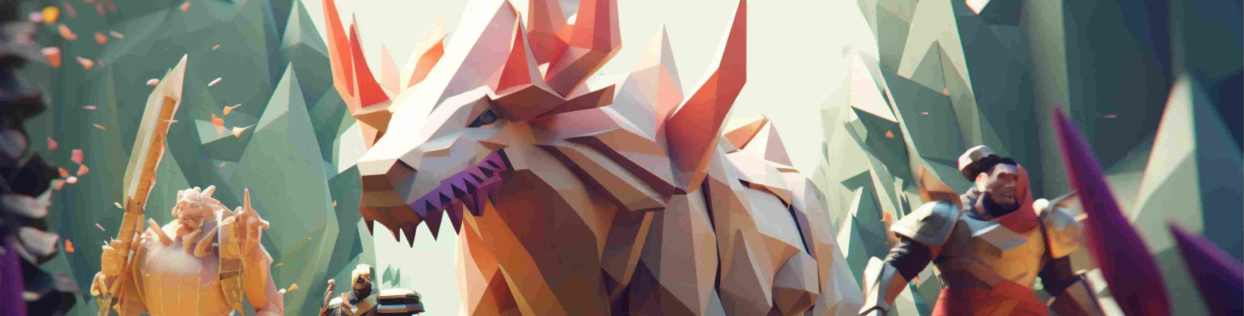 Low poly illustration of a knight, a dragon and a wizard in a forest. - Low poly