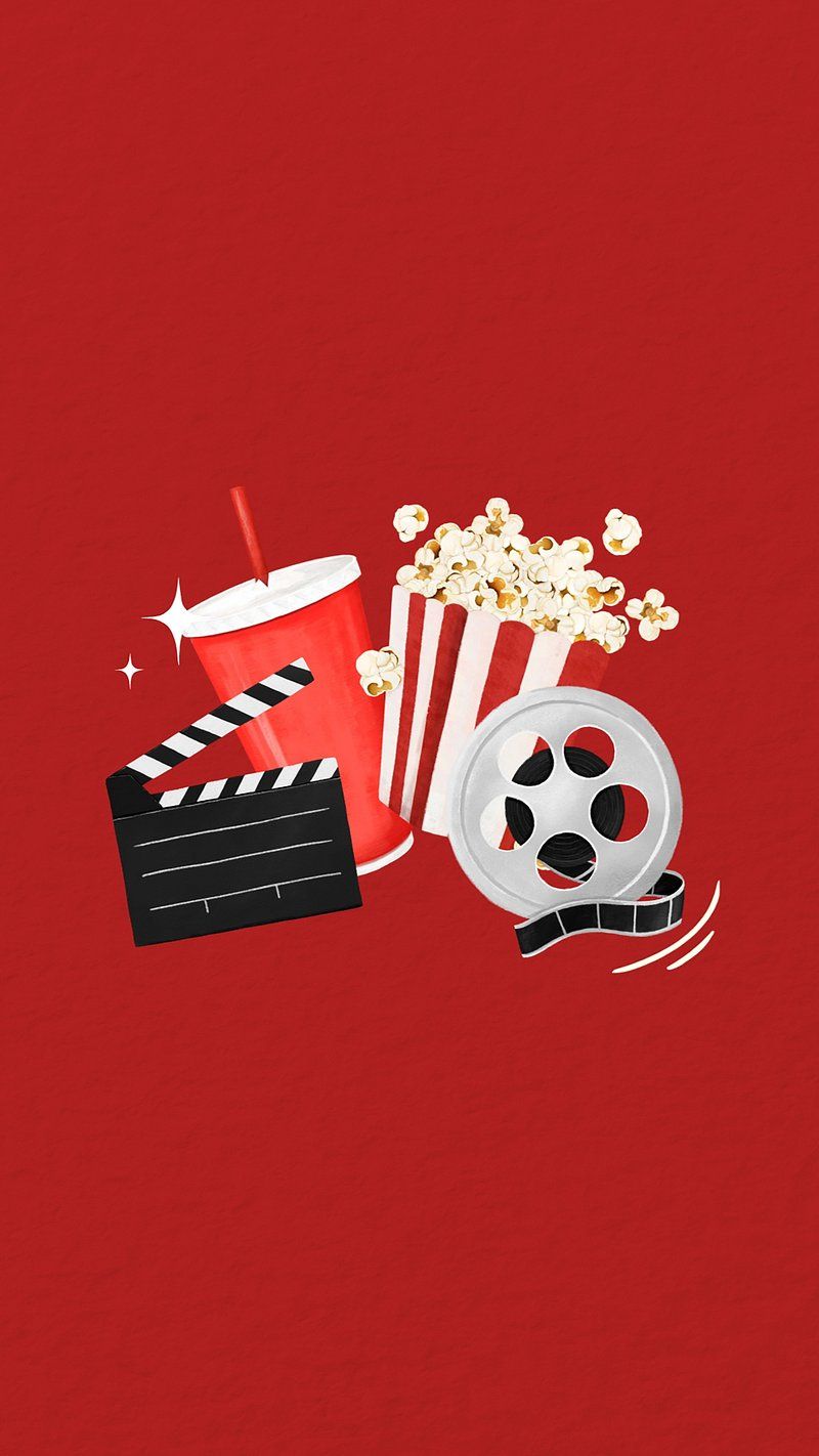 A red background with a film strip, popcorn, drink, and clapboard. - Popcorn