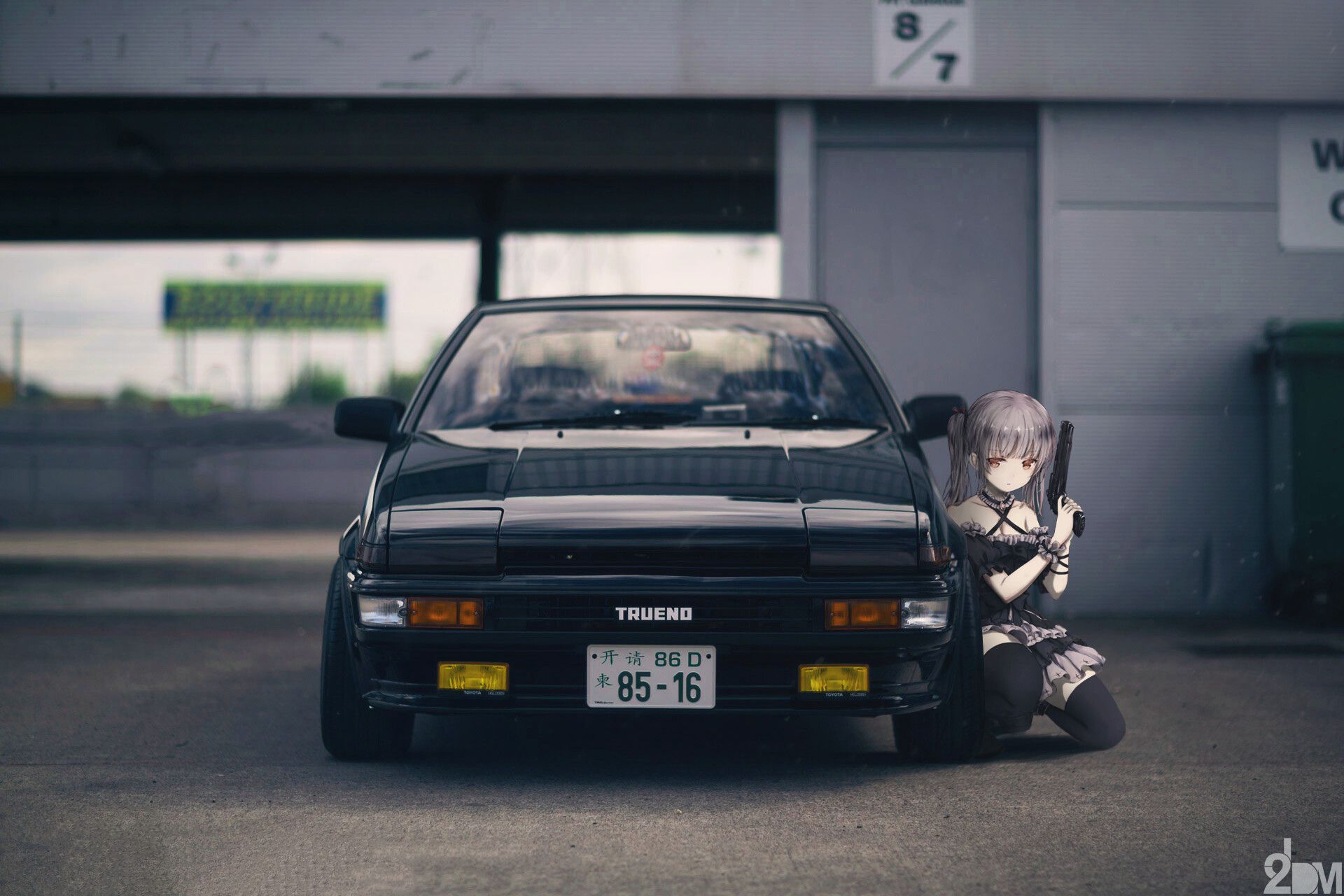 A girl with a gun kneeling in front of a car - Toyota AE86
