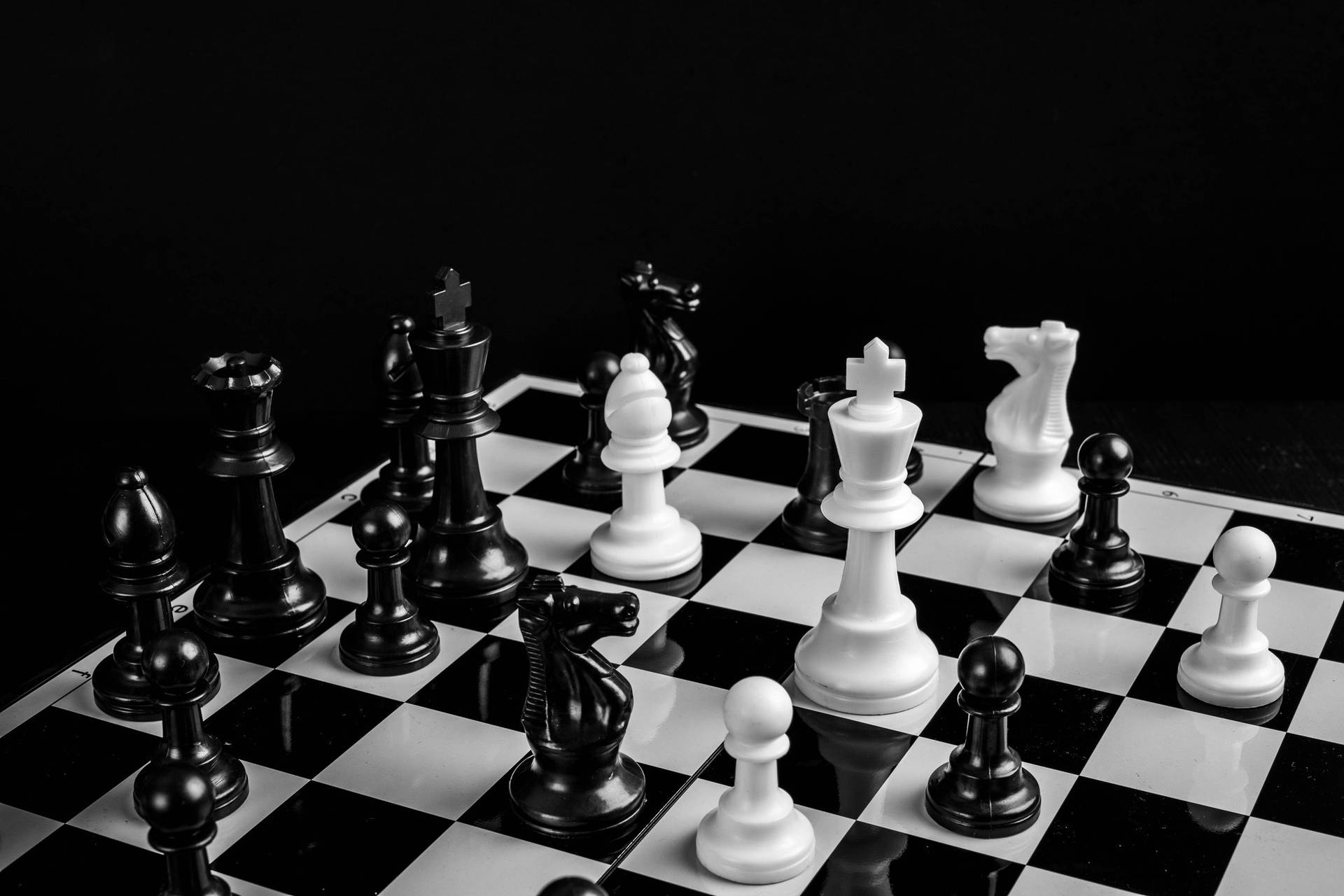 A chess board with a black and white pawn standing in front of the other pieces - Chess