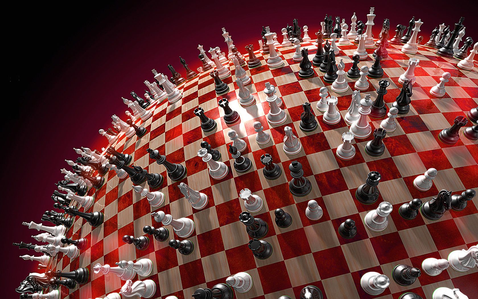 Chess game wallpaper, with a variety of pieces, on a red and white checkered globe - Chess